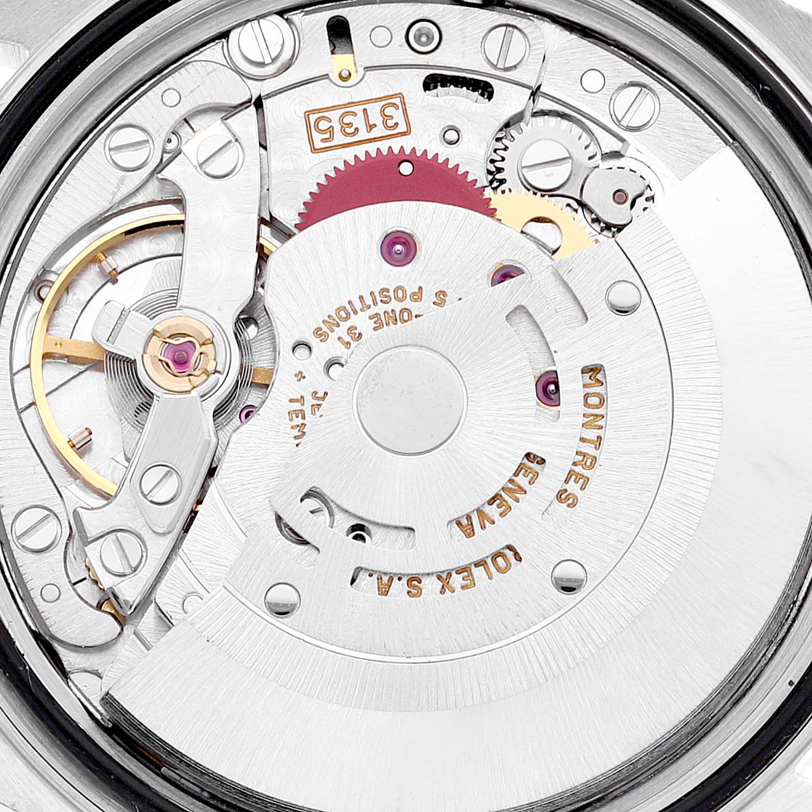 This is a magnified image of the movement inside a Rolex Datejust 16233 Men's Steel and Gold (two tone) Champagne Dial 16233 Men's Steel and Gold (two tone) Champagne Dial watch, showcasing the intricate internal mechanics.