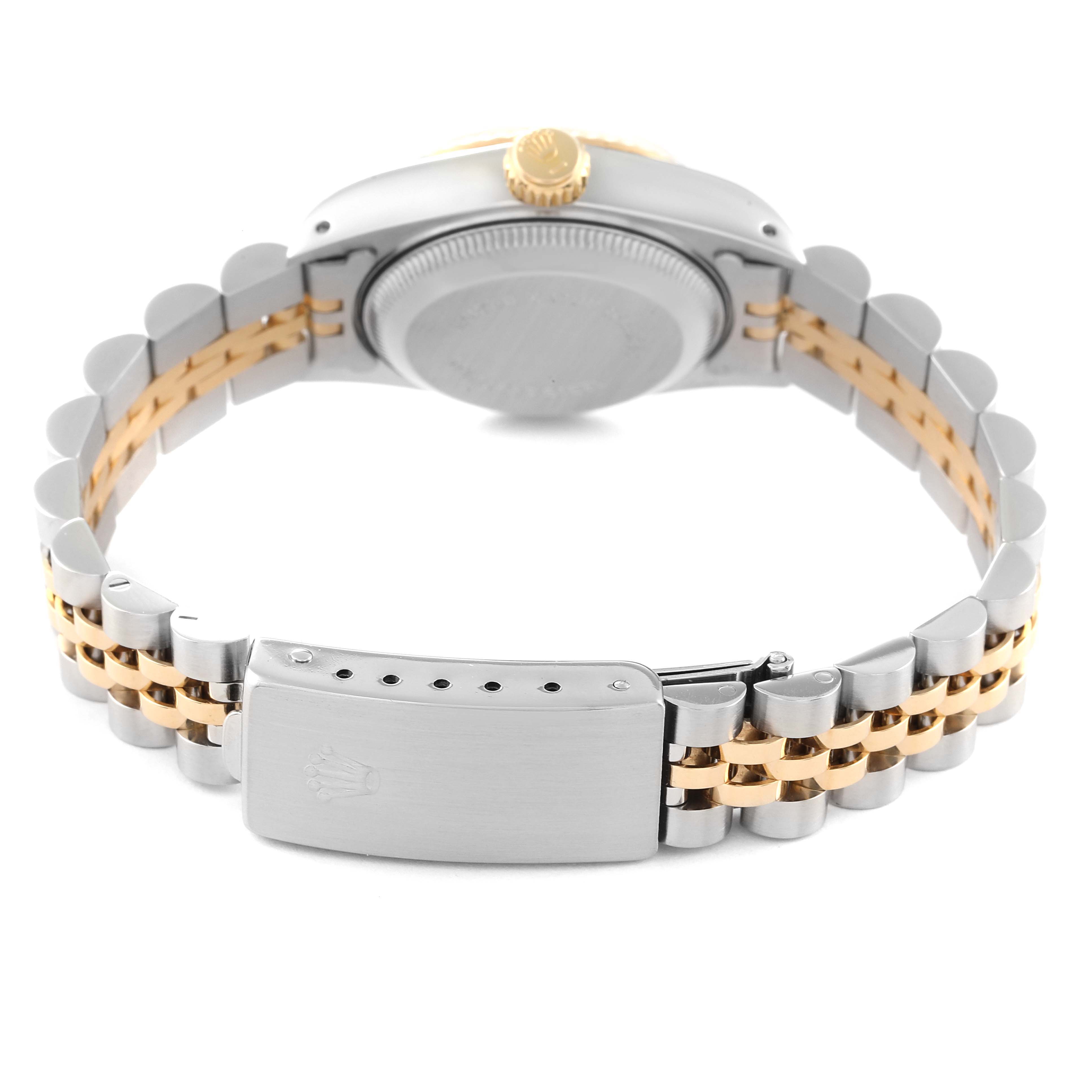The image shows the backside and bracelet of a Rolex Datejust 69173 Women
s Steel and Gold (two tone) Black Dial 69173 Women
s Steel and Gold (two tone) Black Dial watch, highlighting its clasp and two-tone metal design.