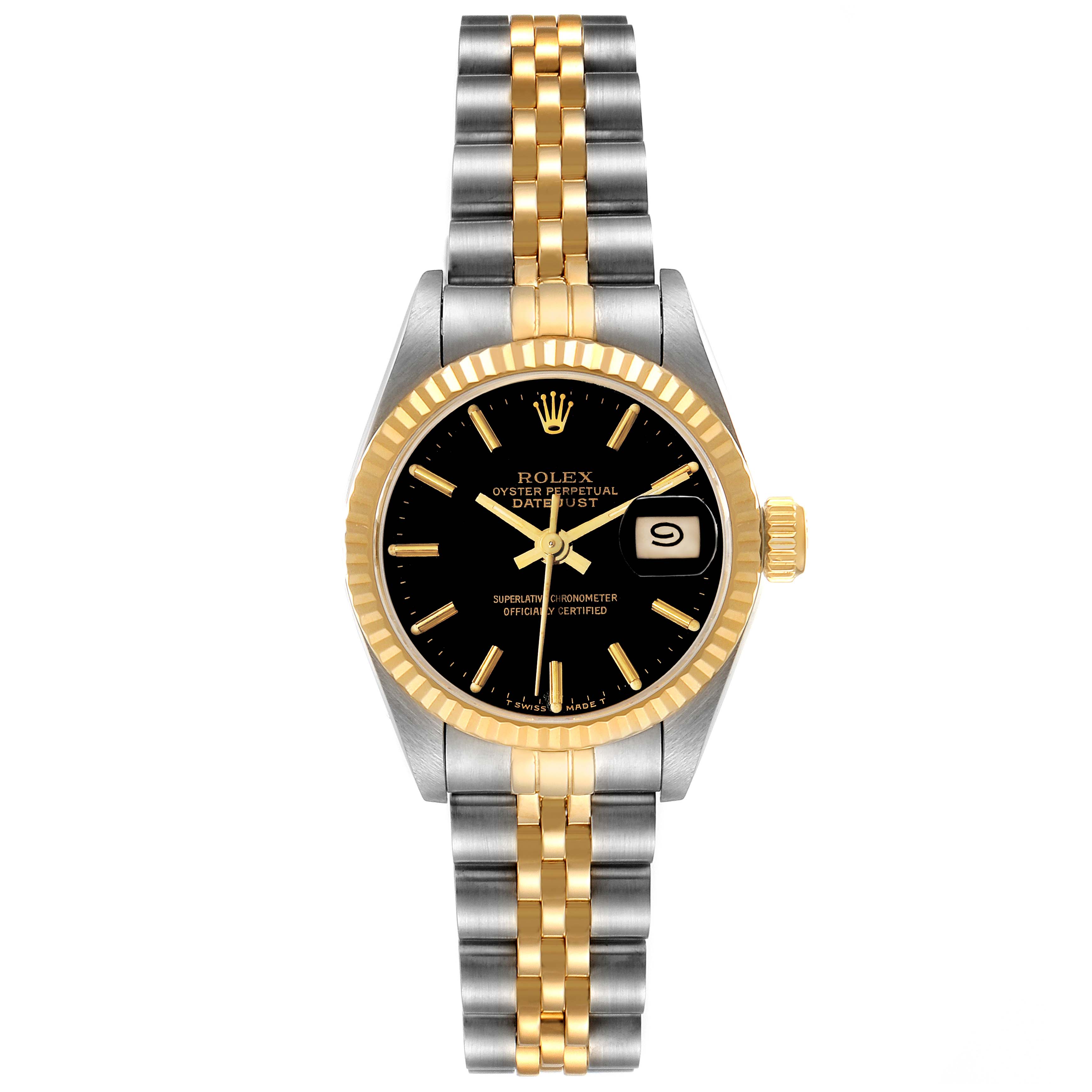 The image shows a front view of the Rolex Datejust 69173 Women
s Steel and Gold (two tone) Black Dial 69173 Women
s Steel and Gold (two tone) Black Dial watch, highlighting its black dial, date display, and two-tone metal bracelet.
