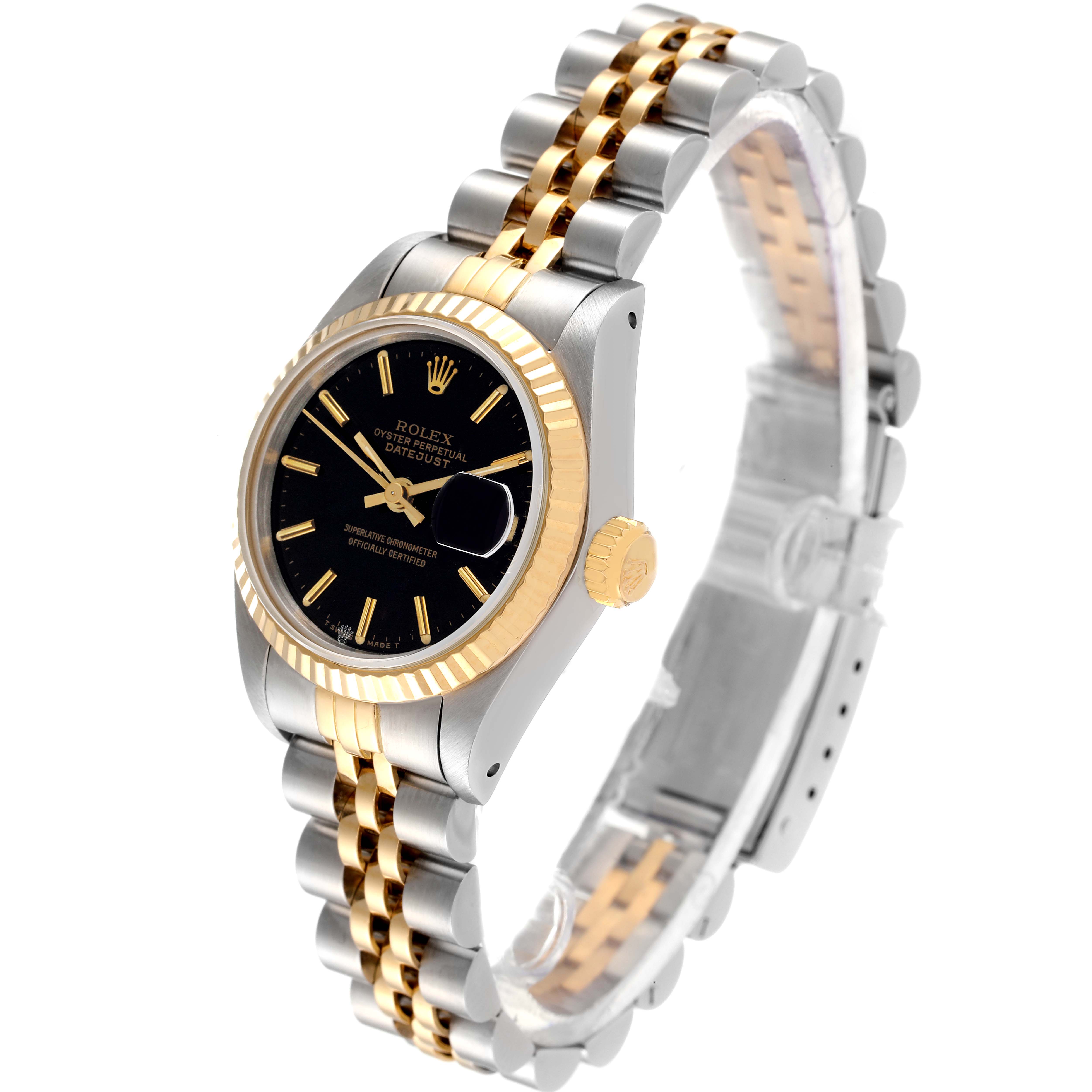 The image is of a Rolex Datejust 69173 Women
s Steel and Gold (two tone) Black Dial 69173 Women
s Steel and Gold (two tone) Black Dial watch at a 3/4 angle, showing the face, crown, and two-tone Jubilee bracelet.