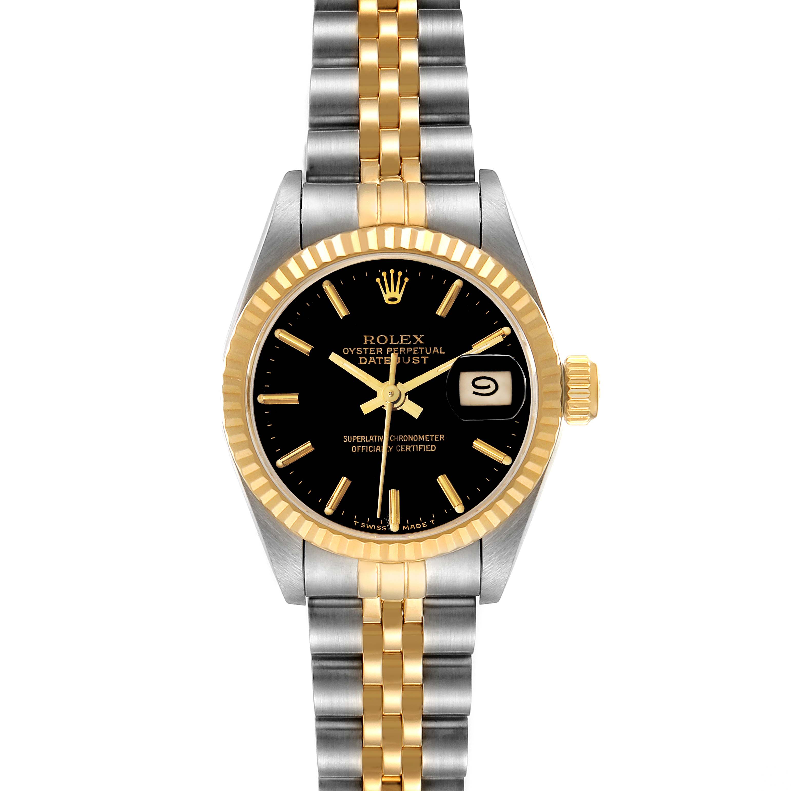 The image shows a Rolex Datejust 69173 Women
s Steel and Gold (two tone) Black Dial 69173 Women
s Steel and Gold (two tone) Black Dial watch in a frontal view, featuring a two-tone bracelet, black dial, and date window at 3 o
clock.