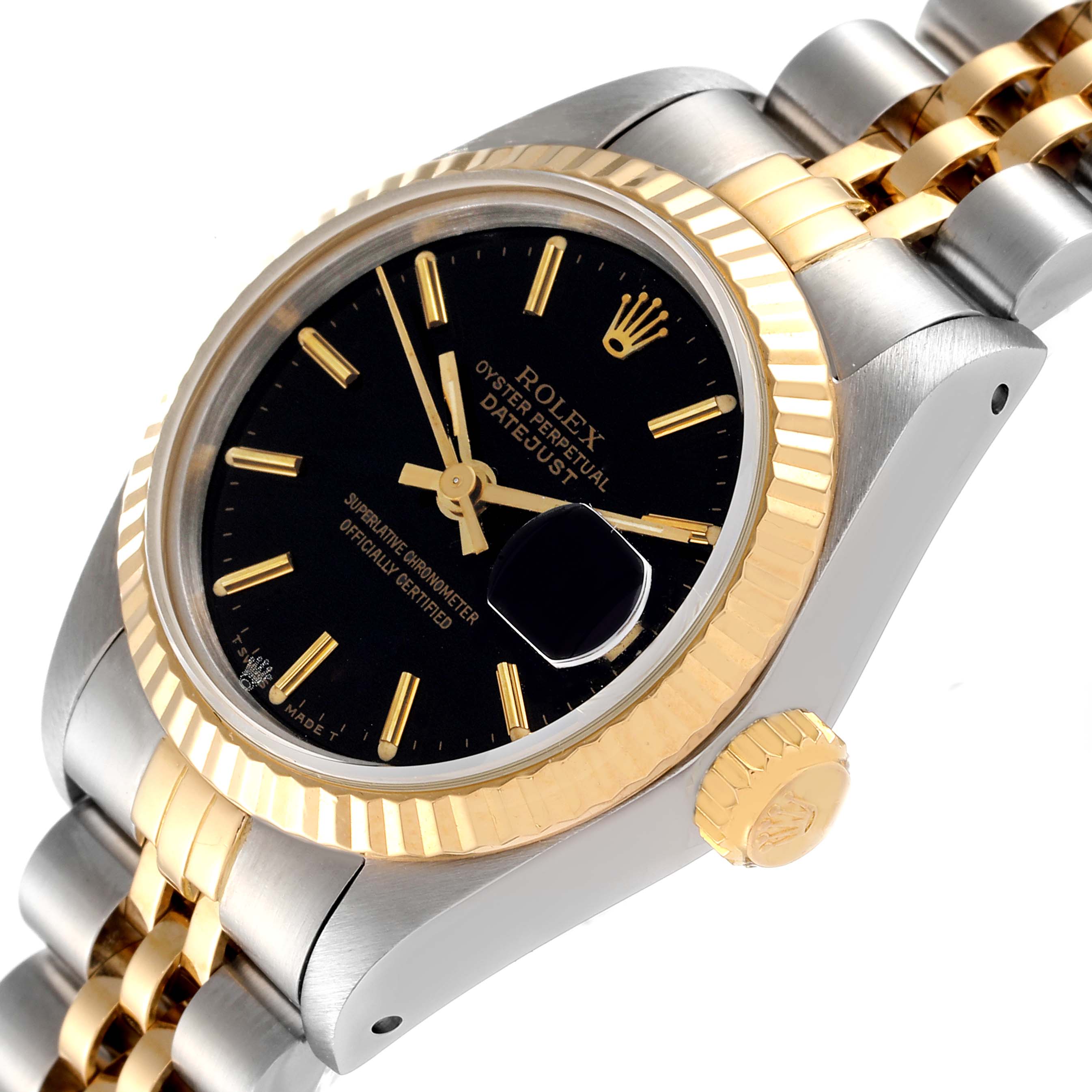 This image shows a close-up angle of the Rolex Datejust 69173 Women
s Steel and Gold (two tone) Black Dial 69173 Women
s Steel and Gold (two tone) Black Dial, highlighting the dial, bezel, crown, and part of the bracelet.