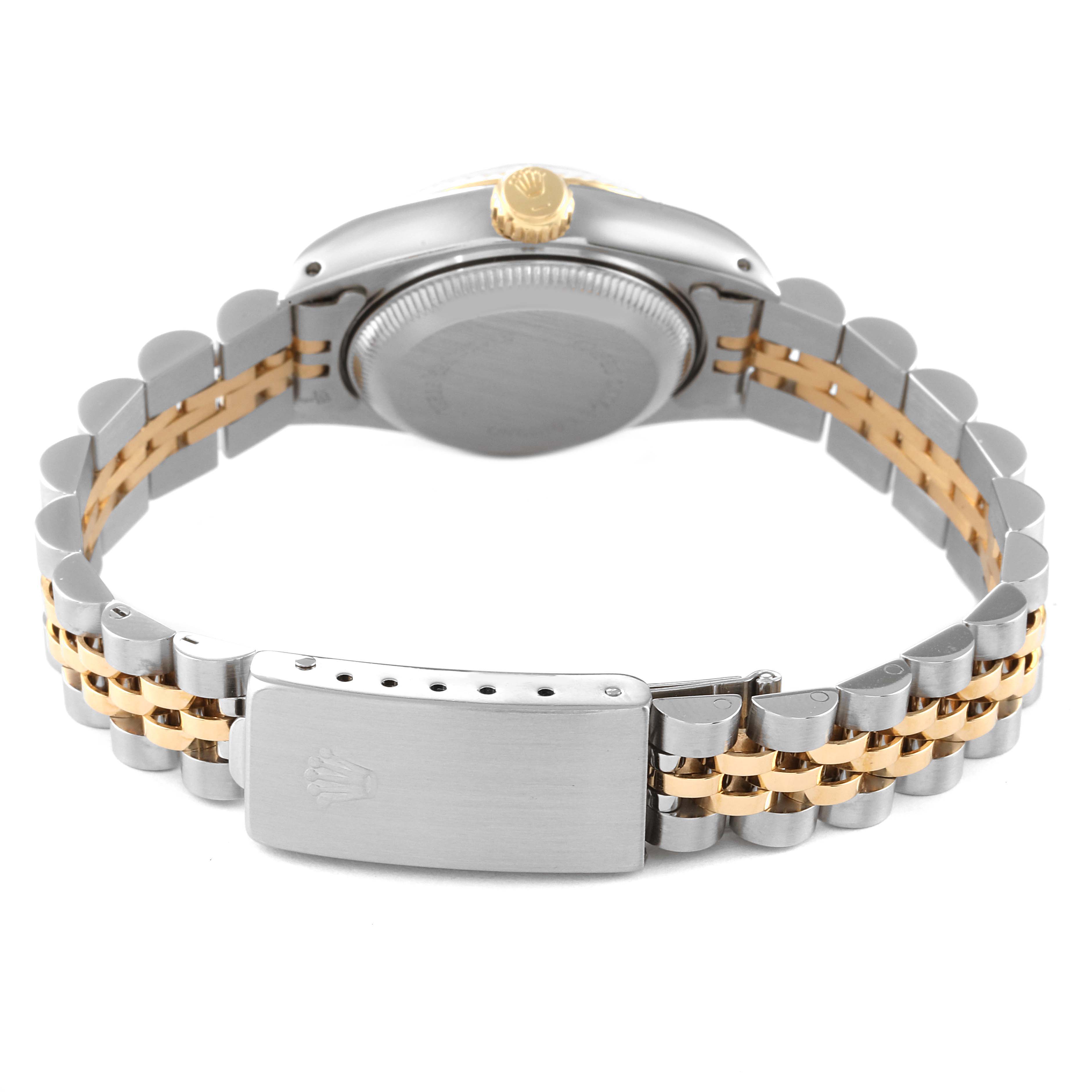 This image shows the rear view of the bracelet and case back of a Rolex Datejust 69173 Women's Steel and Gold (two tone) Champagne Dial 69173 Women's Steel and Gold (two tone) Champagne Dial watch.