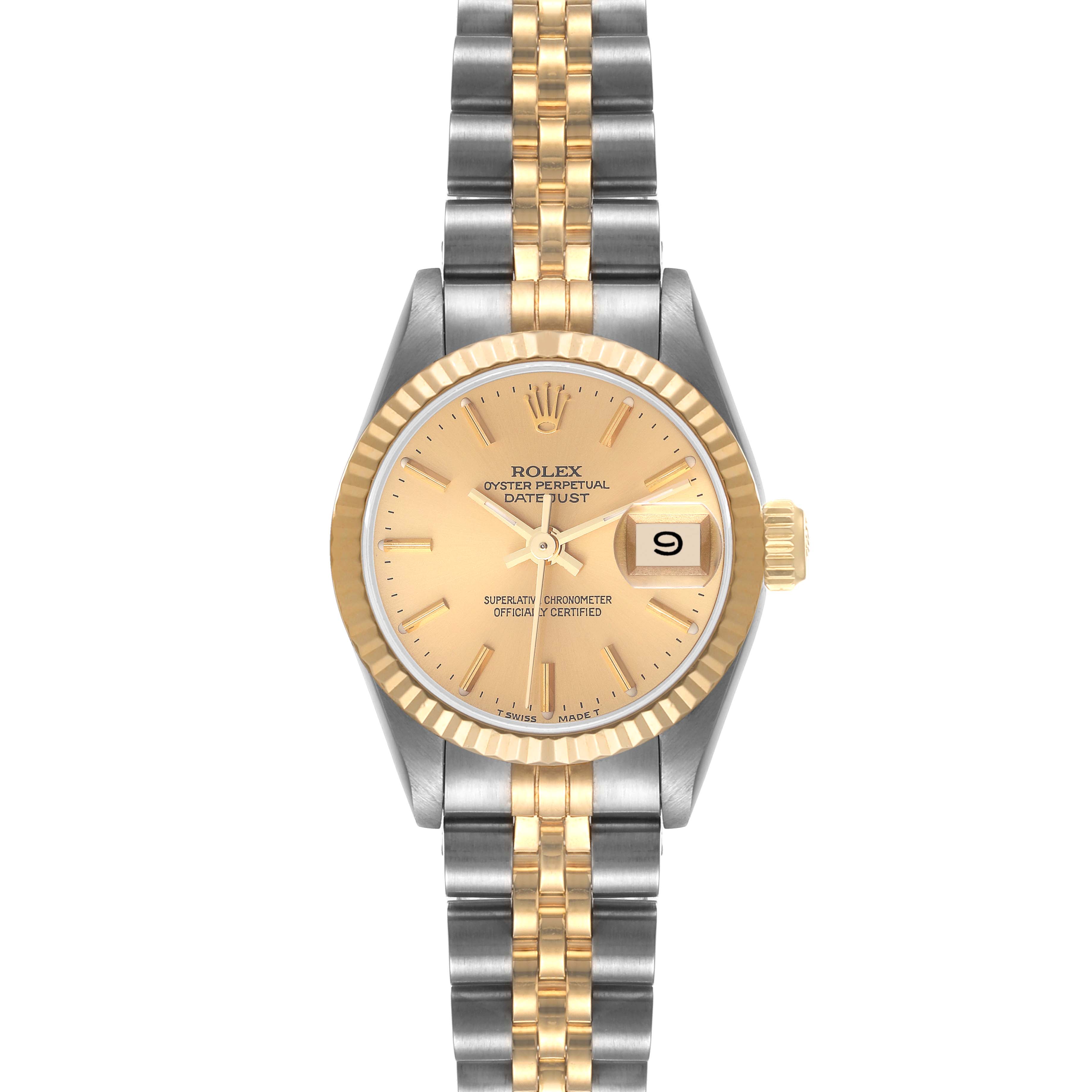 This is a front view of a Rolex Datejust 69173 Women's Steel and Gold (two tone) Champagne Dial 69173 Women's Steel and Gold (two tone) Champagne Dial watch showing the dial, date window, bezel, case, and bracelet.