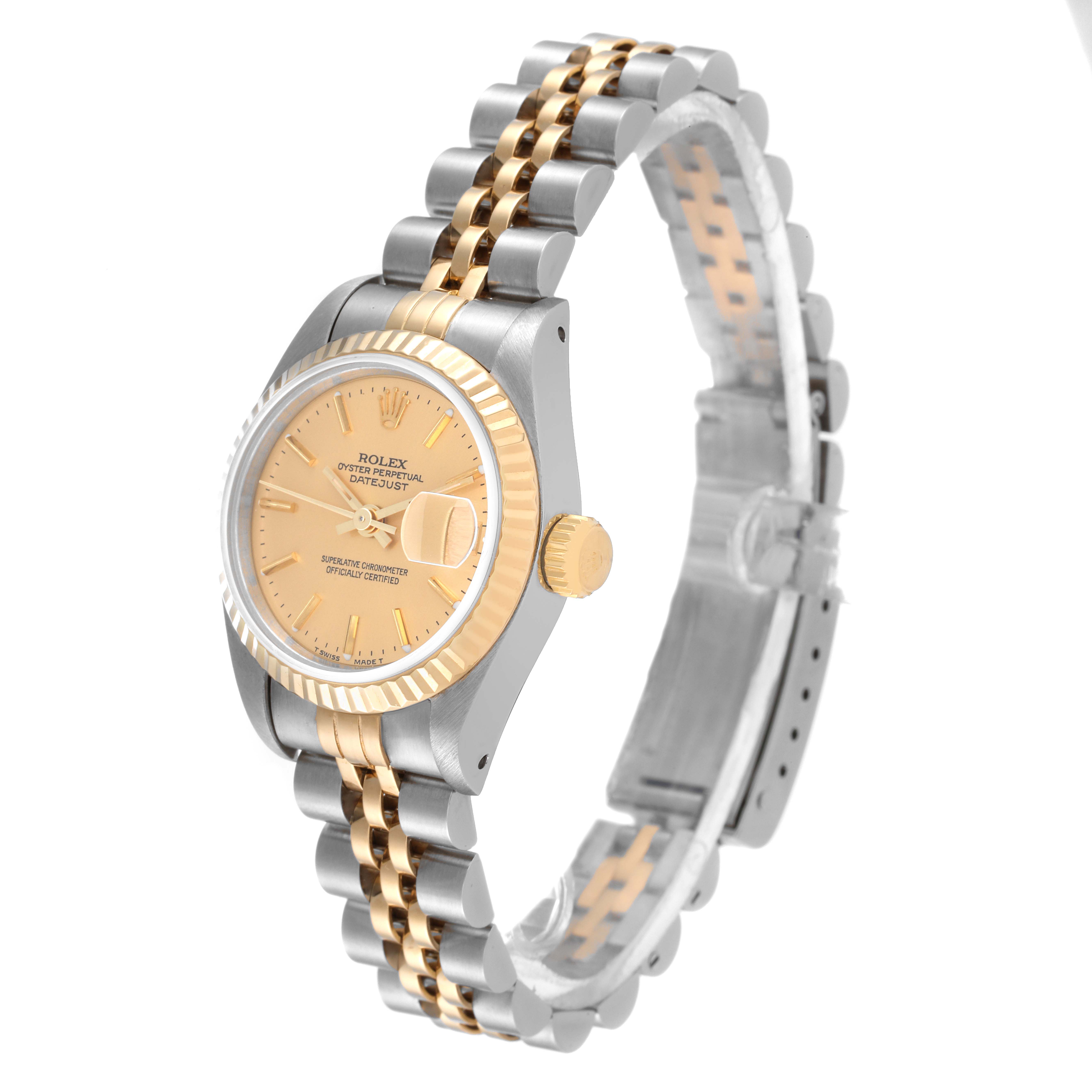 This image shows the Rolex Datejust 69173 Women's Steel and Gold (two tone) Champagne Dial 69173 Women's Steel and Gold (two tone) Champagne Dial watch at an angled view displaying its face, bezel, crown, and two-tone bracelet.