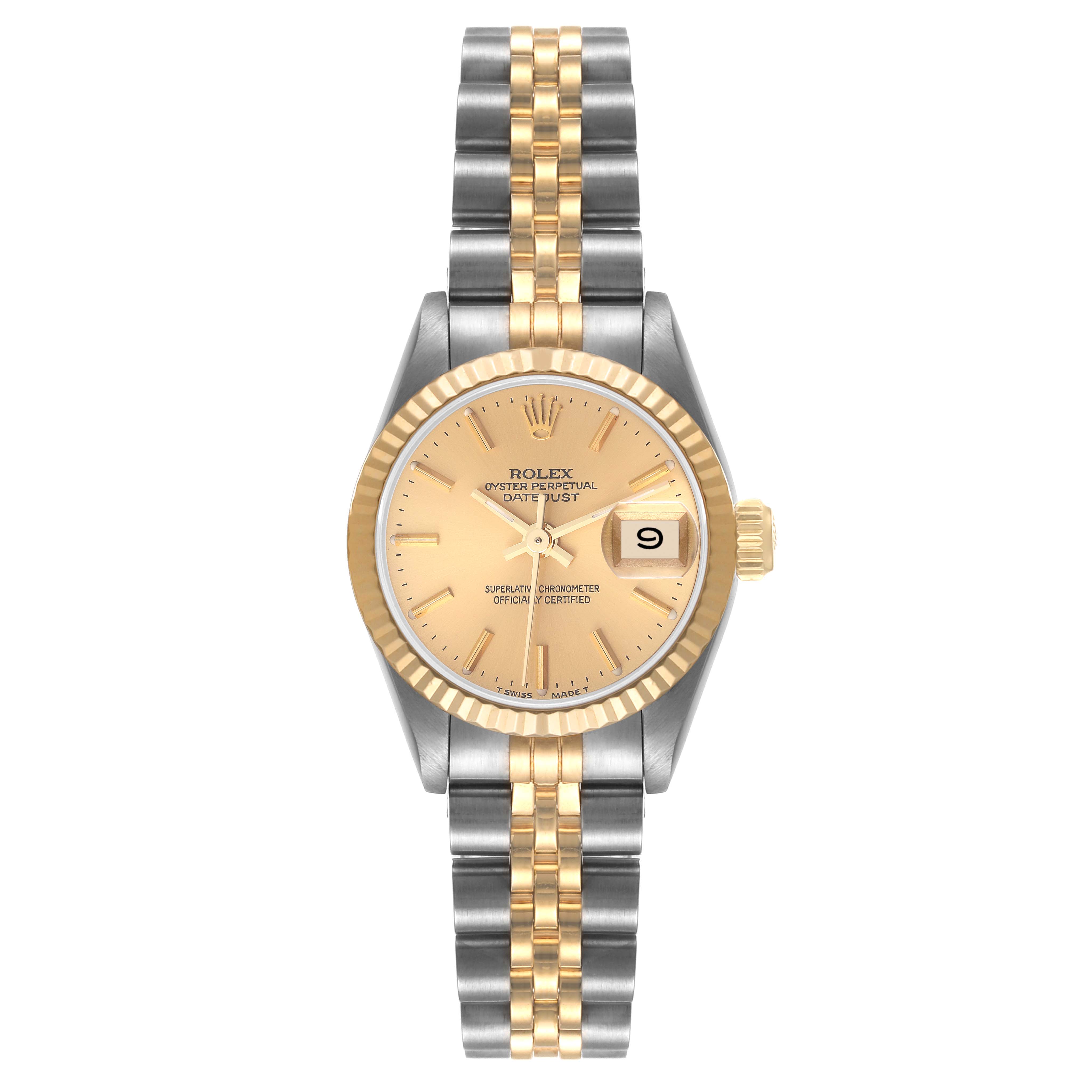 This image shows a front view of a Rolex Datejust 69173 Women's Steel and Gold (two tone) Champagne Dial 69173 Women's Steel and Gold (two tone) Champagne Dial watch, displaying its dial, case, bezel, and bracelet.
