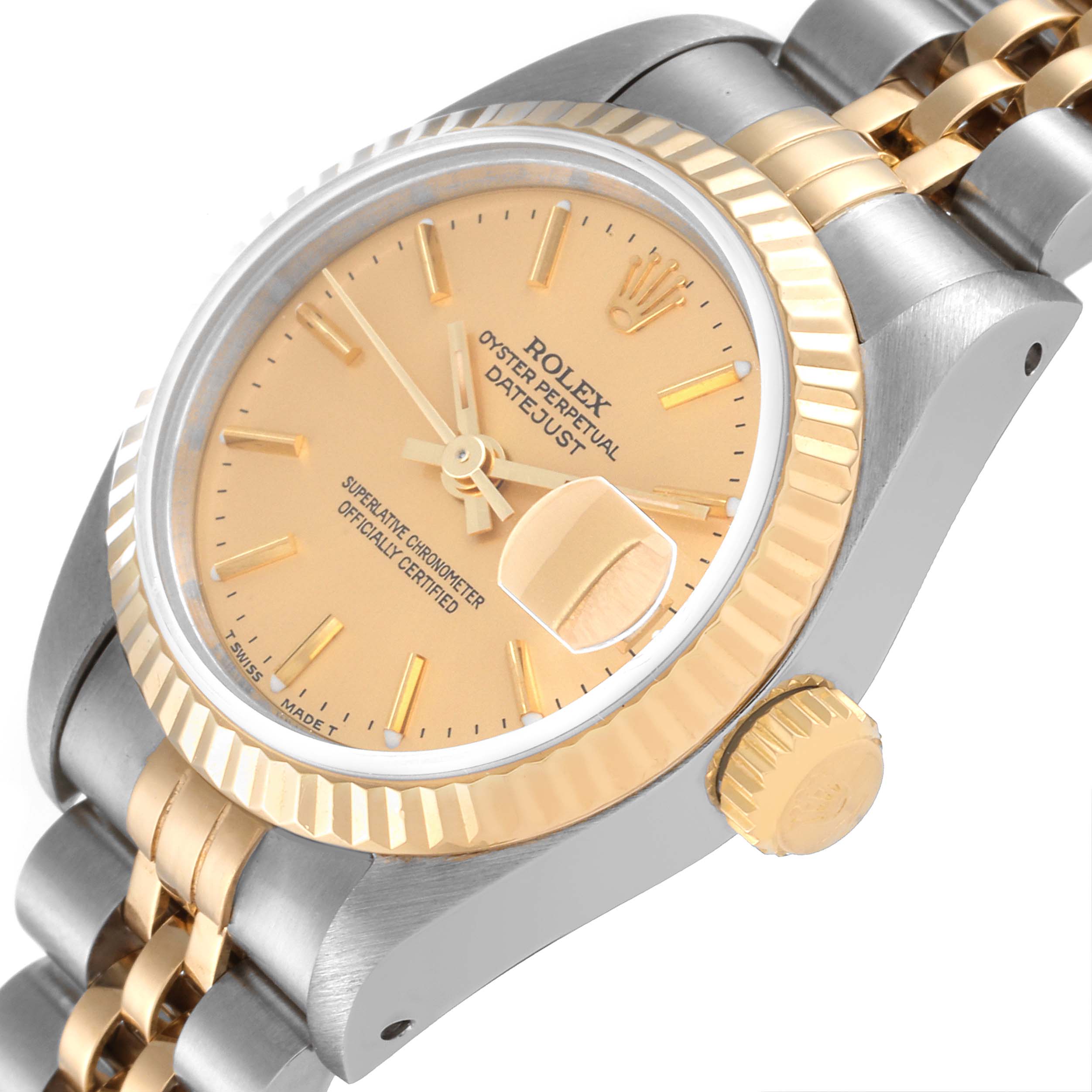 The image shows a close-up angle of the face, crown, and part of the bracelet of a Rolex Datejust 69173 Women's Steel and Gold (two tone) Champagne Dial 69173 Women's Steel and Gold (two tone) Champagne Dial watch.