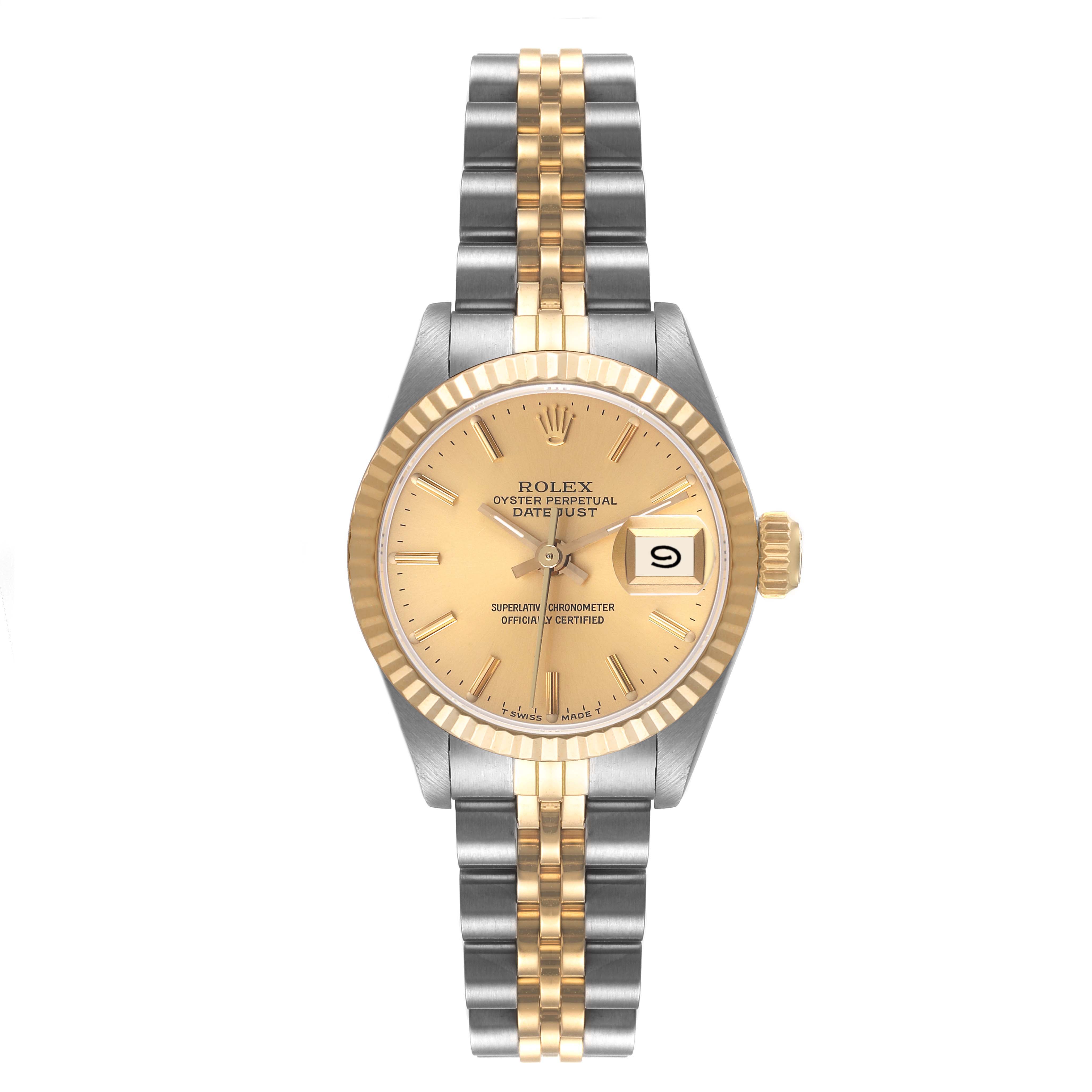 The Rolex Datejust 69173 Women's Steel and Gold (two tone) Champagne Dial 69173 Women's Steel and Gold (two tone) Champagne Dial watch is shown from a front angle, displaying the bezel, dial, hands, date window, and the two-tone bracelet.