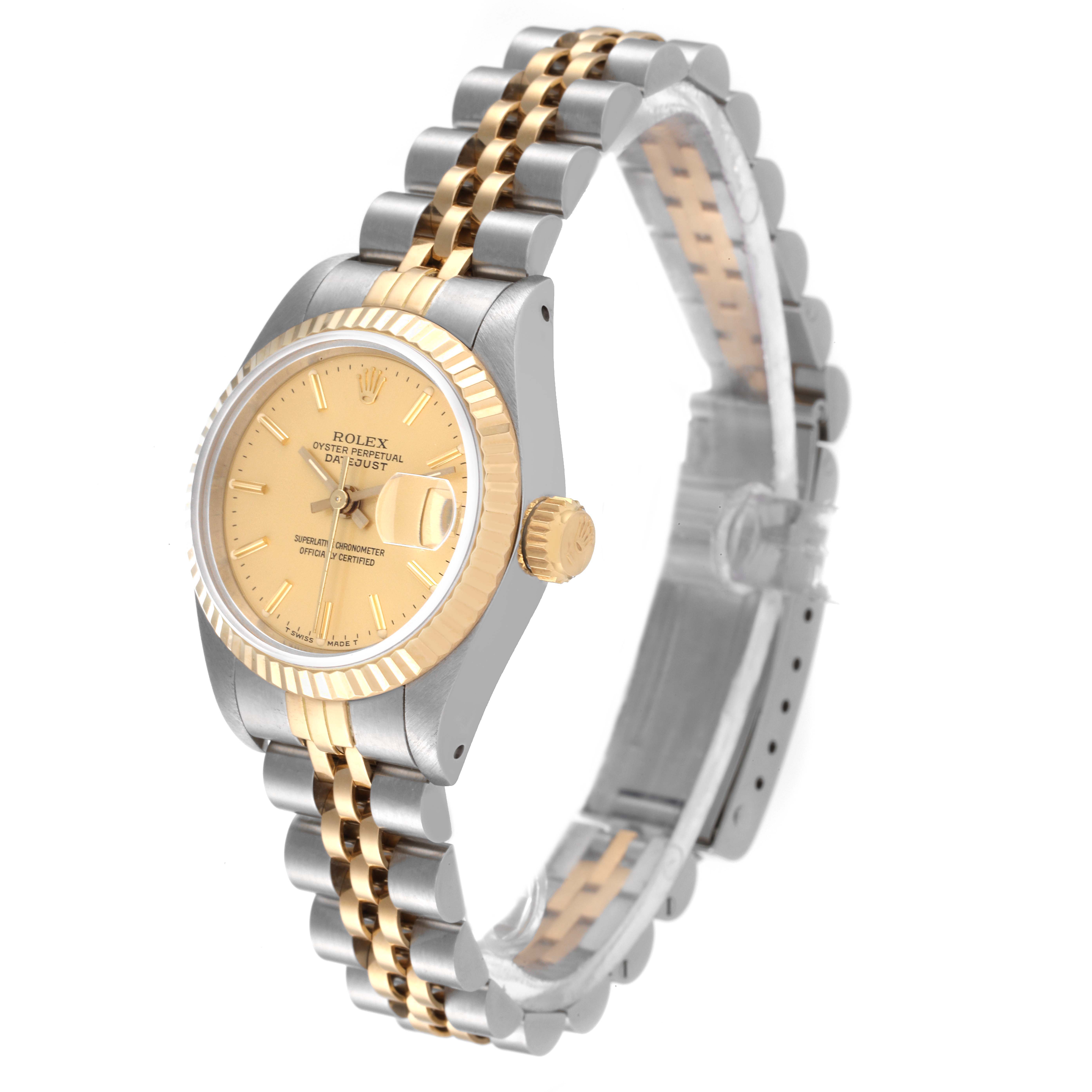 The Rolex Datejust 69173 Women's Steel and Gold (two tone) Champagne Dial 69173 Women's Steel and Gold (two tone) Champagne Dial watch is shown at a three-quarter angle, displaying the dial, bezel, bracelet, and crown.