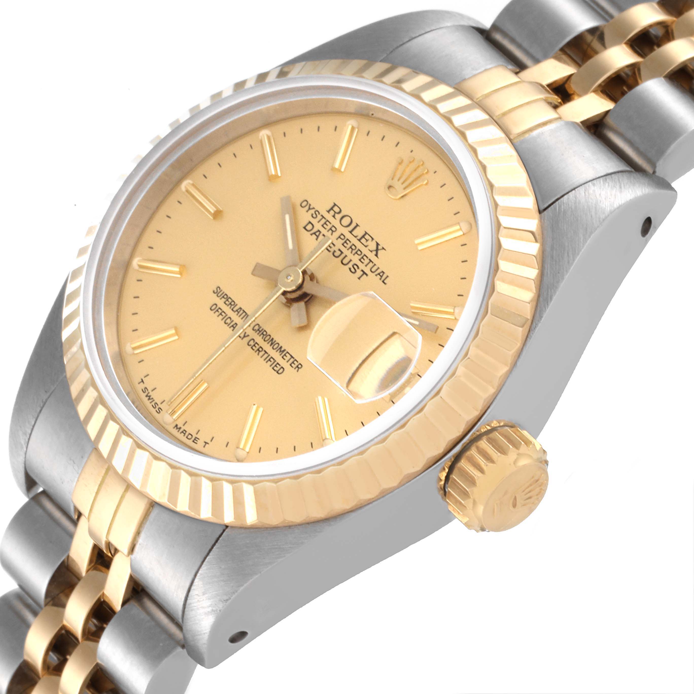 The image shows a close-up angled view of a Rolex Datejust 69173 Women's Steel and Gold (two tone) Champagne Dial 69173 Women's Steel and Gold (two tone) Champagne Dial watch, focusing on the dial, bezel, crown, and part of the bracelet.