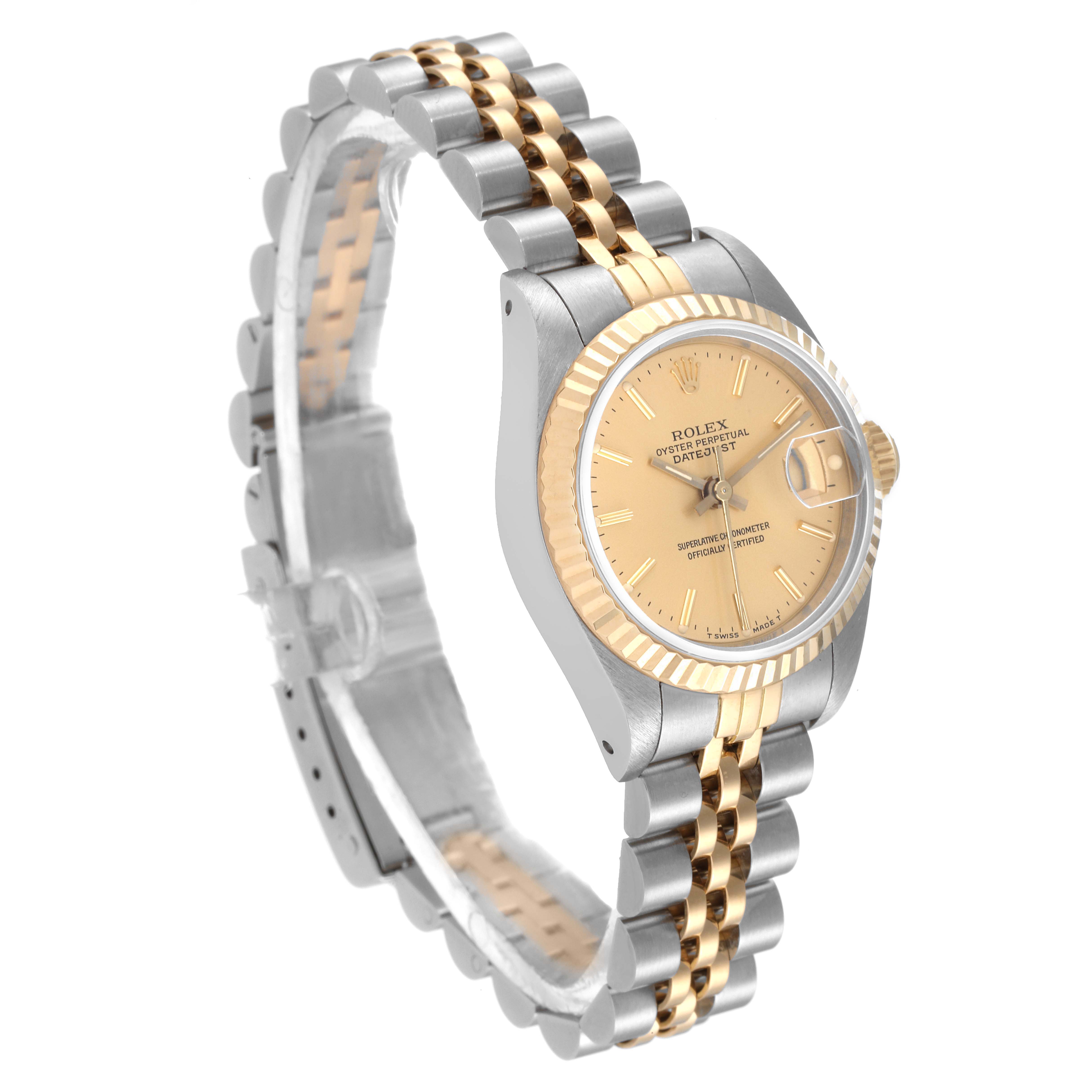 The image shows a side angle of a Rolex Datejust 69173 Women's Steel and Gold (two tone) Champagne Dial 69173 Women's Steel and Gold (two tone) Champagne Dial watch, depicting its two-tone bracelet and gold fluted bezel.