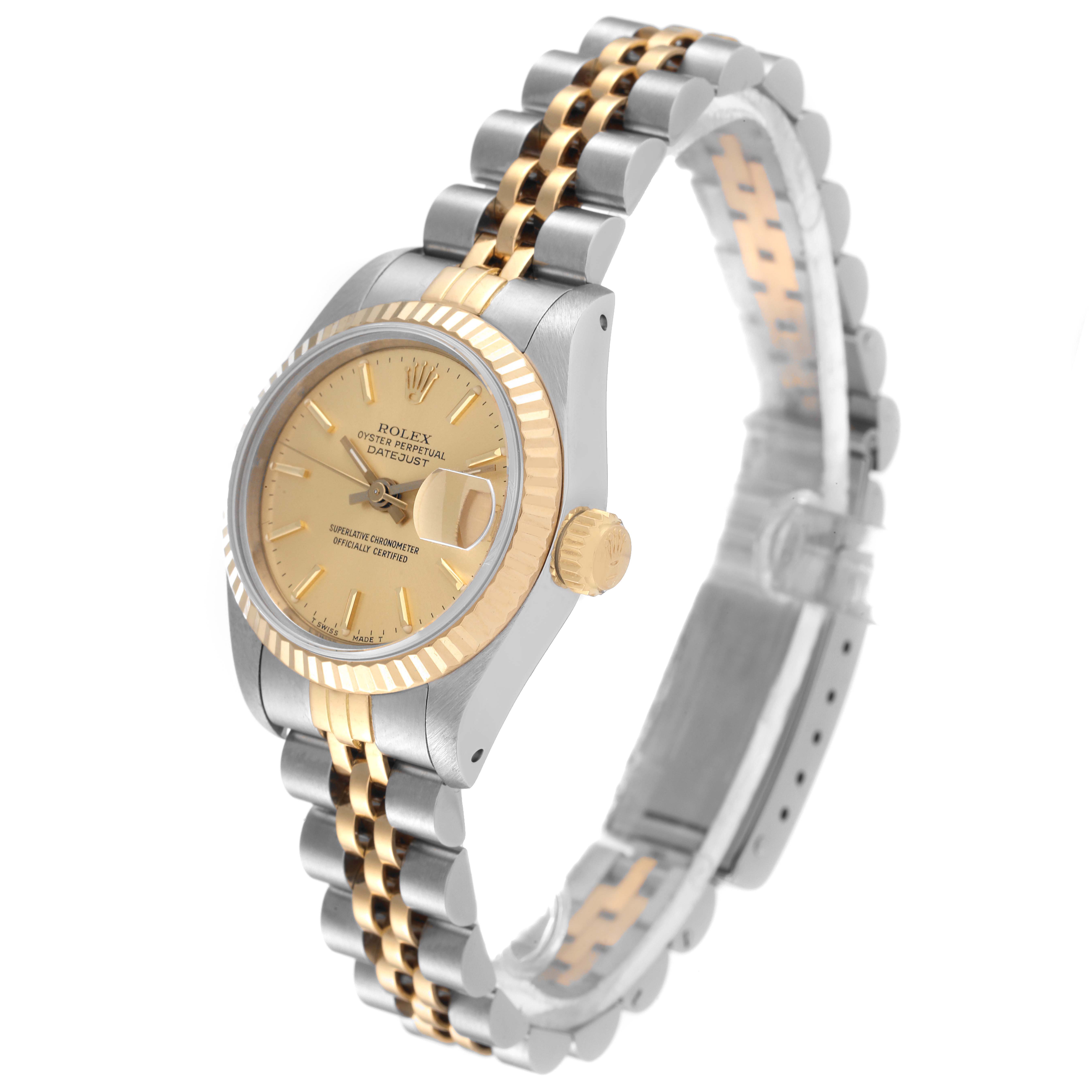 This image shows a Rolex Datejust 69173 Women's Steel and Gold (two tone) Champagne Dial 69173 Women's Steel and Gold (two tone) Champagne Dial watch at a left-side angle, highlighting the face, crown, and two-tone bracelet.