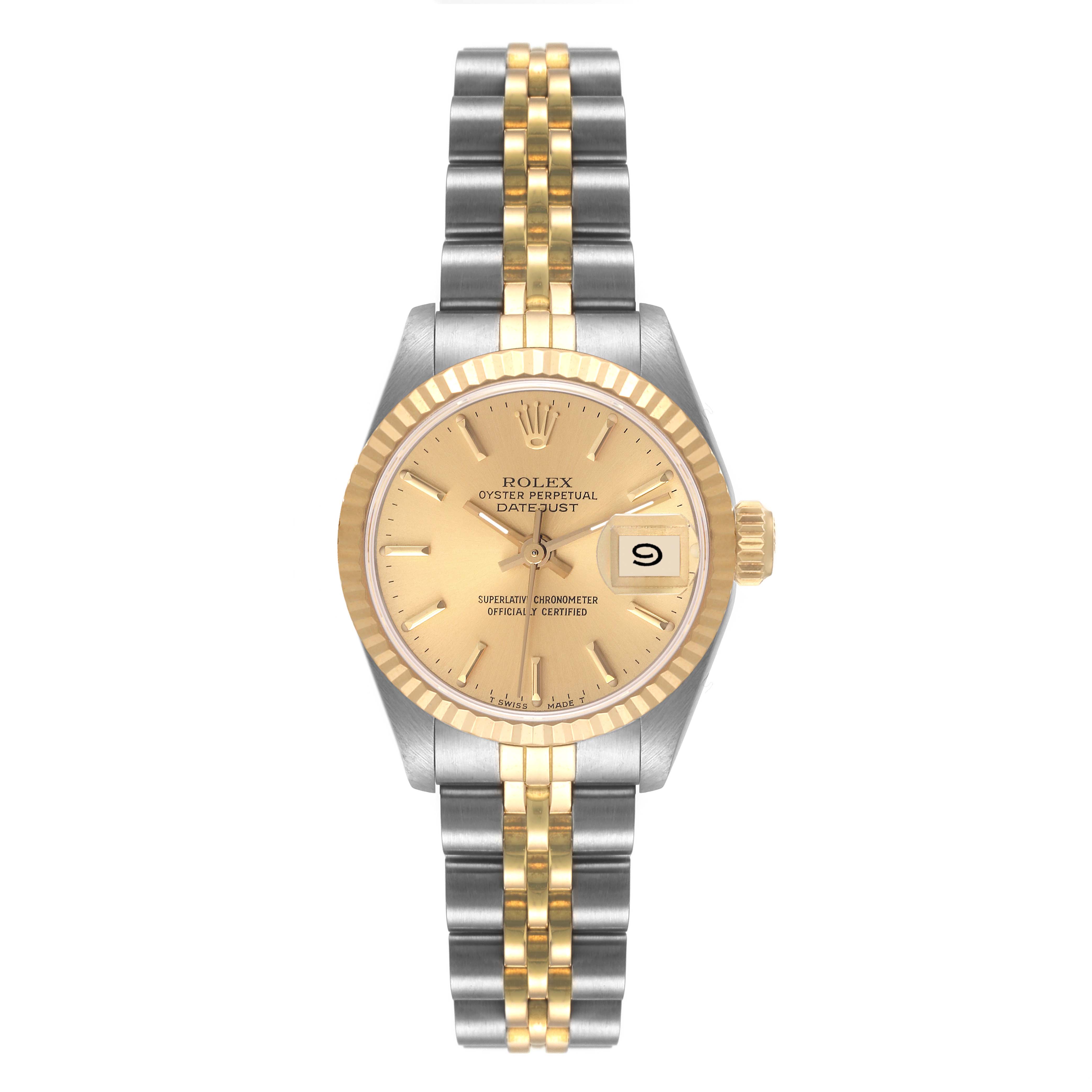 The image shows a Rolex Datejust 69173 Women's Steel and Gold (two tone) Champagne Dial 69173 Women's Steel and Gold (two tone) Champagne Dial watch from a front view, highlighting the dial, bezel, and bracelet.