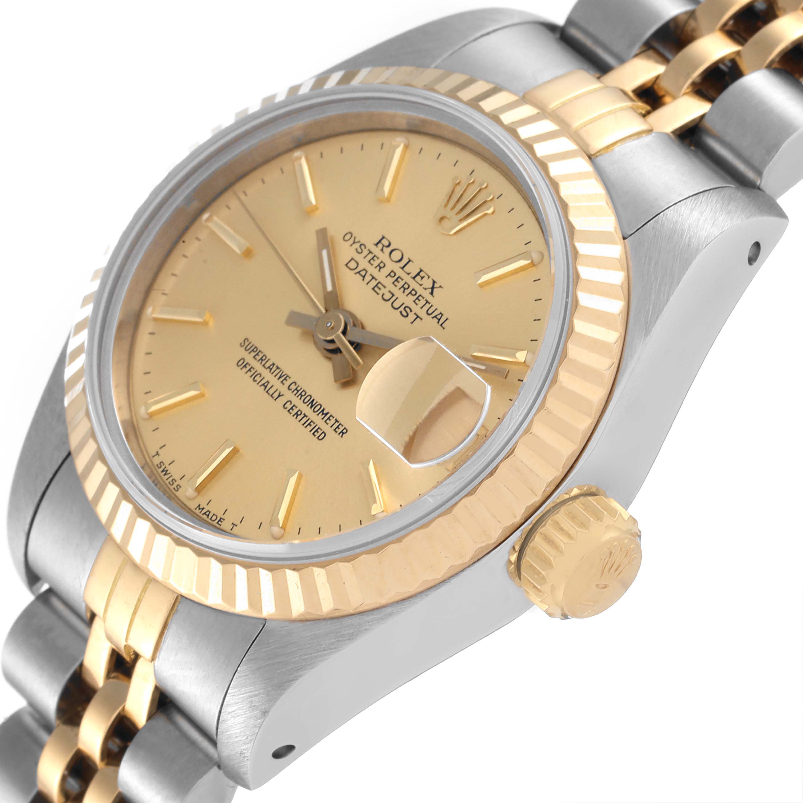 This close-up angle of the Rolex Datejust 69173 Women's Steel and Gold (two tone) Champagne Dial 69173 Women's Steel and Gold (two tone) Champagne Dial watch shows the face, bezel, crown, and a portion of the bracelet.