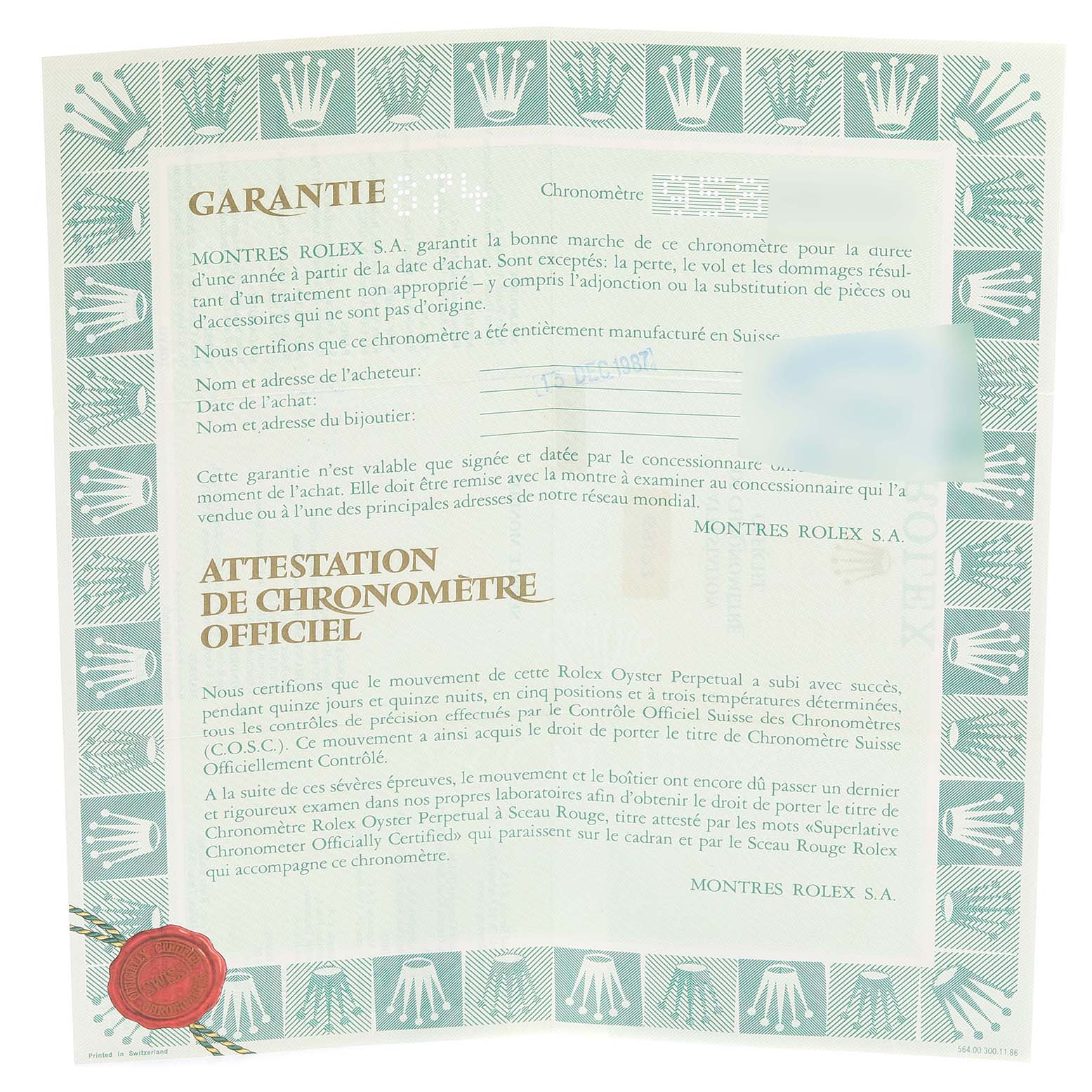 The image shows a Rolex Datejust 69173 Women's Steel and Gold (two tone) Champagne Dial 69173 Women's Steel and Gold (two tone) Champagne Dial warranty certificate from a top-down angle.