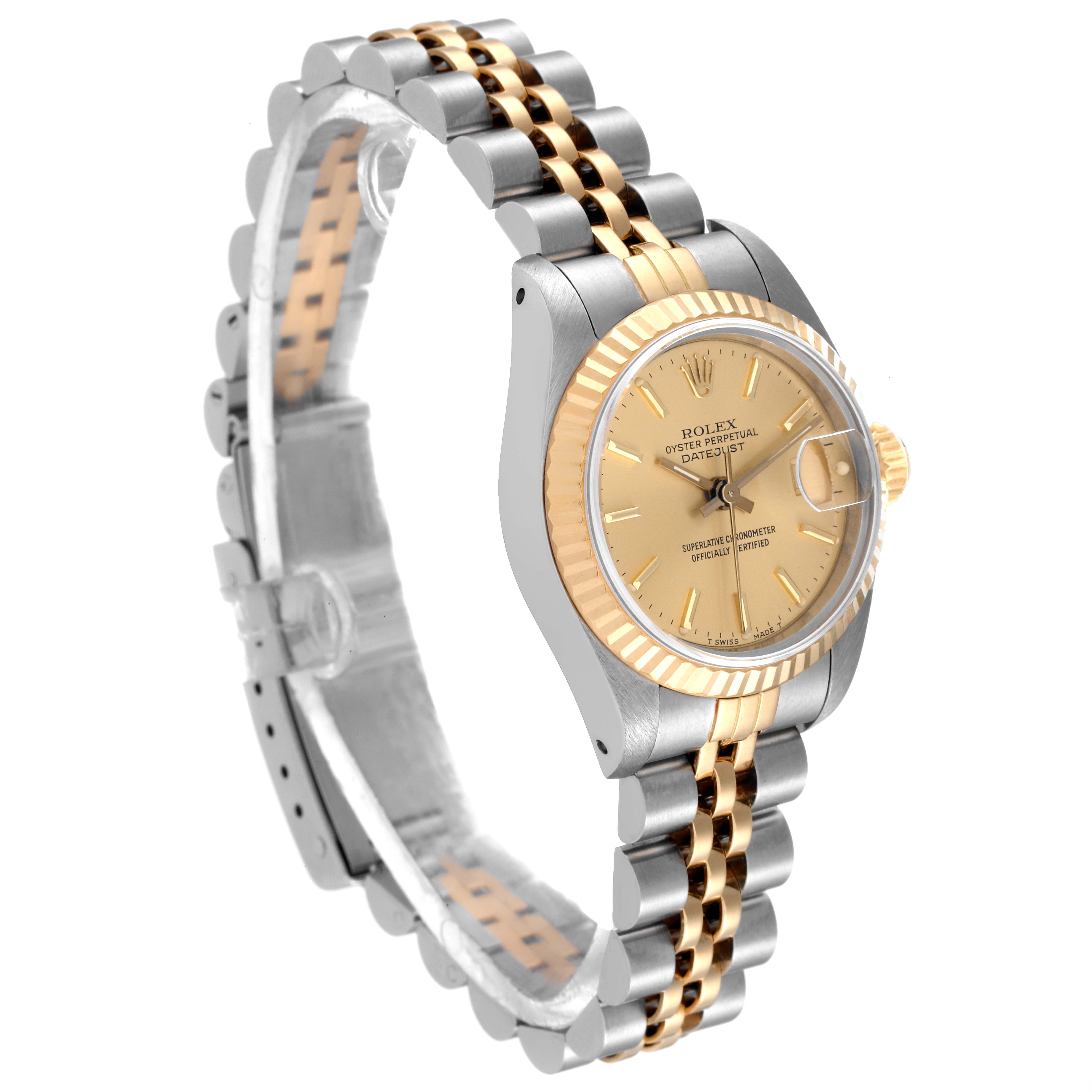 This image shows a side view of the Rolex Datejust 69173 Women's Steel and Gold (two tone) Champagne Dial 69173 Women's Steel and Gold (two tone) Champagne Dial watch, displaying the case, dial, bezel, and bracelet.