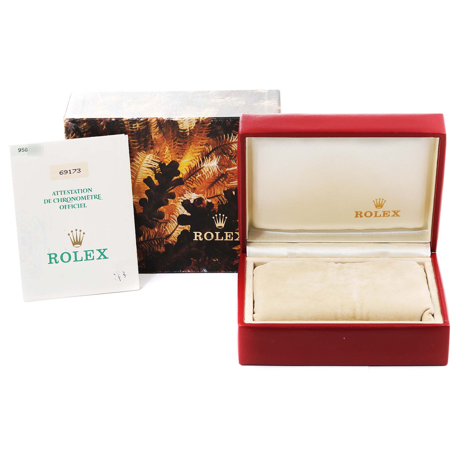 The image shows a Rolex Datejust 69173 Women's Steel and Gold (two tone) Champagne Dial 69173 Women's Steel and Gold (two tone) Champagne Dial watch box, the outer box, and an official chronometer certification booklet.