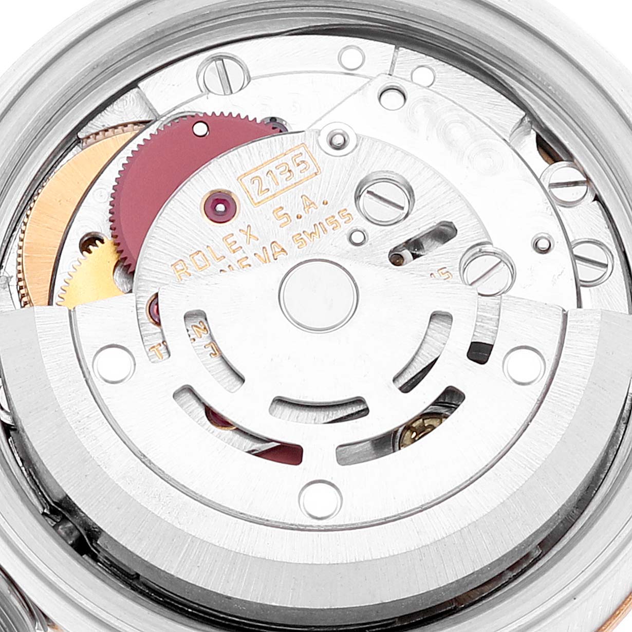 This image shows the movement mechanism of a Rolex Datejust 69173 Women's Steel and Gold (two tone) Champagne Dial 69173 Women's Steel and Gold (two tone) Champagne Dial watch viewed from a close-up angle.
