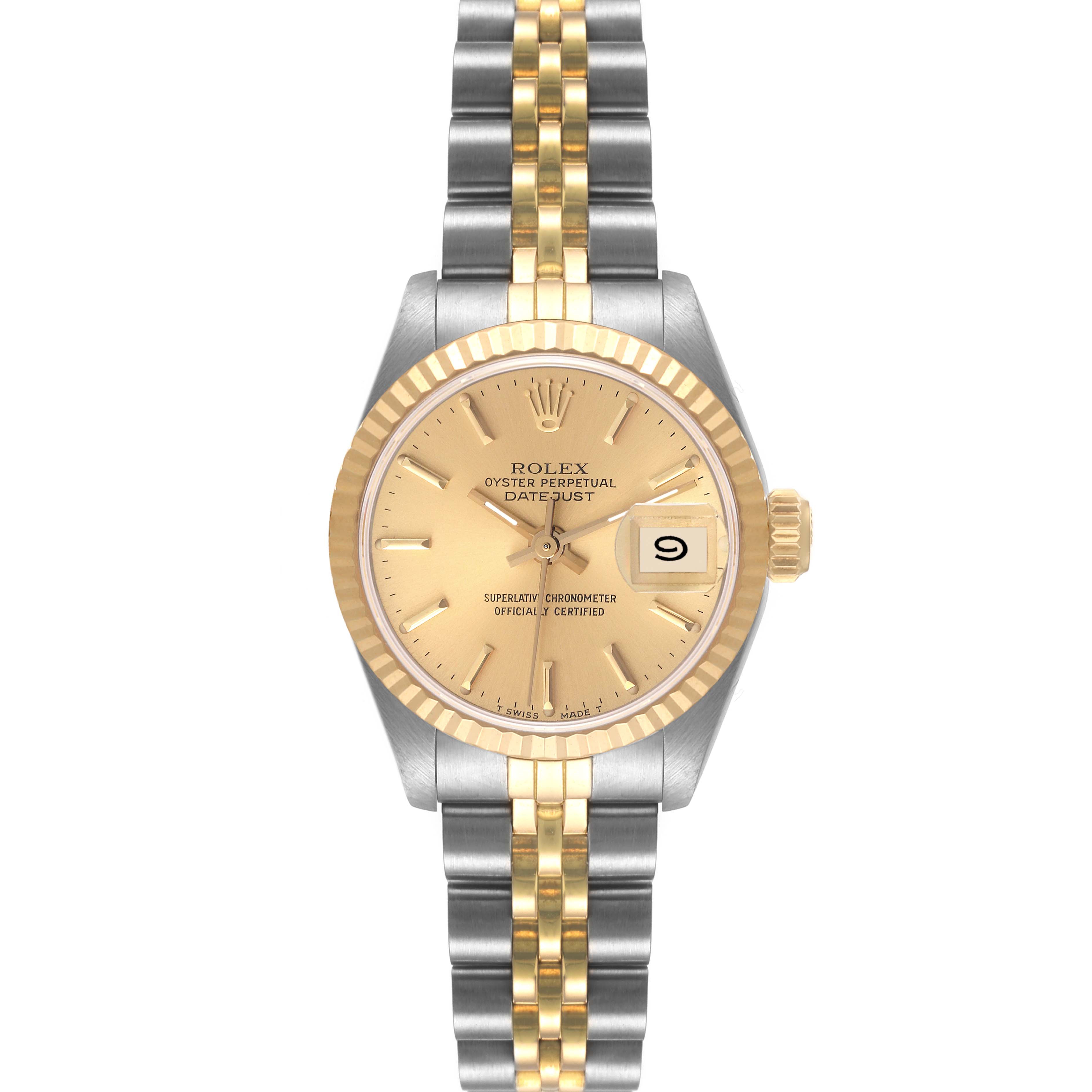 This image shows a front view of the Rolex Datejust 69173 Women's Steel and Gold (two tone) Champagne Dial 69173 Women's Steel and Gold (two tone) Champagne Dial watch, including the gold and silver bracelet, dial, and date window.
