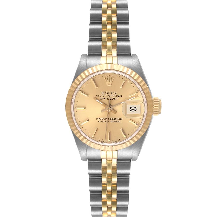 This image shows a front view of the Rolex Datejust watch, including the gold and silver bracelet, dial, and date window.