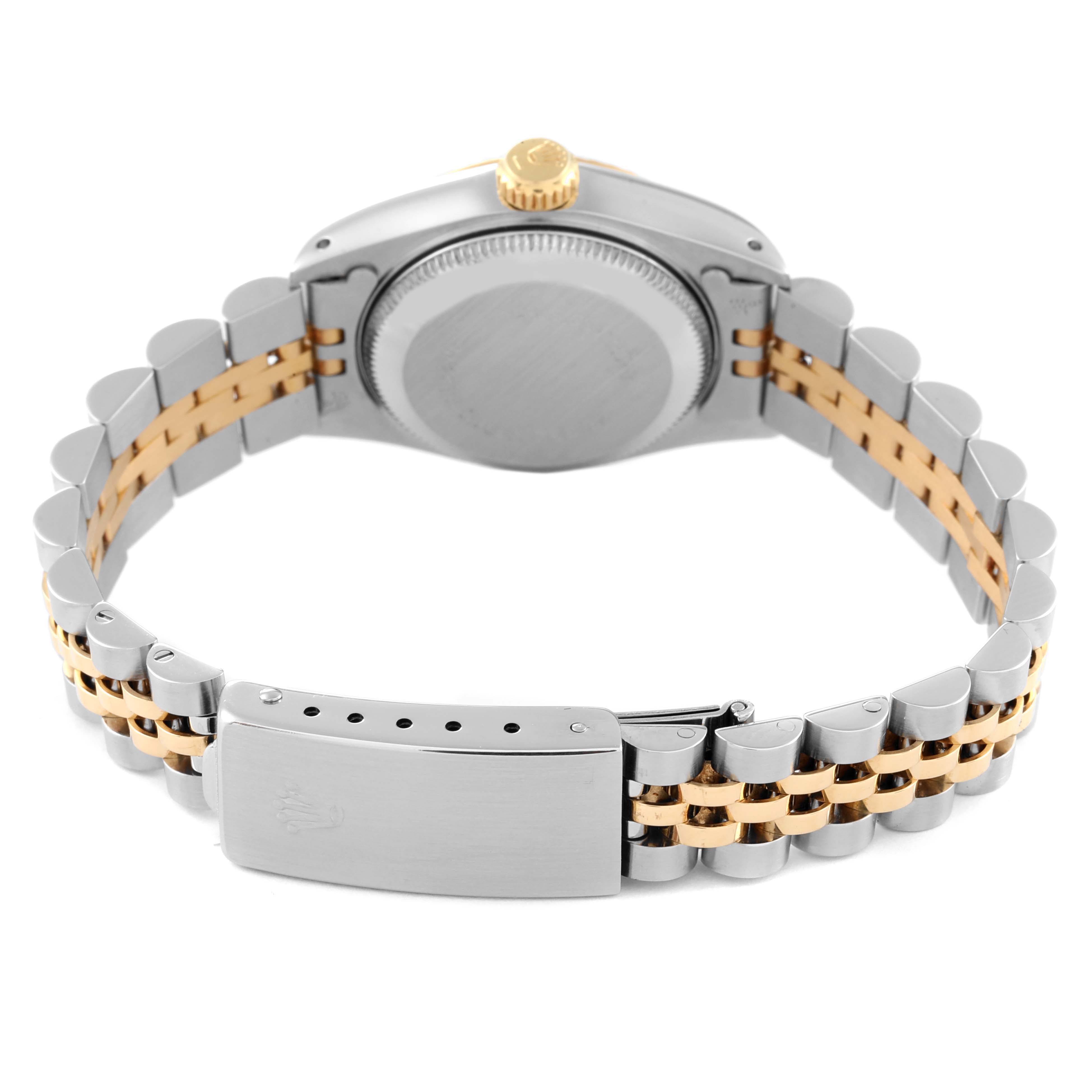 The image shows the backside and bracelet of a Rolex Datejust 69173 Women's Steel and Gold (two tone) Champagne Dial 69173 Women's Steel and Gold (two tone) Champagne Dial watch, featuring a jubilee bracelet in two-tone metal.