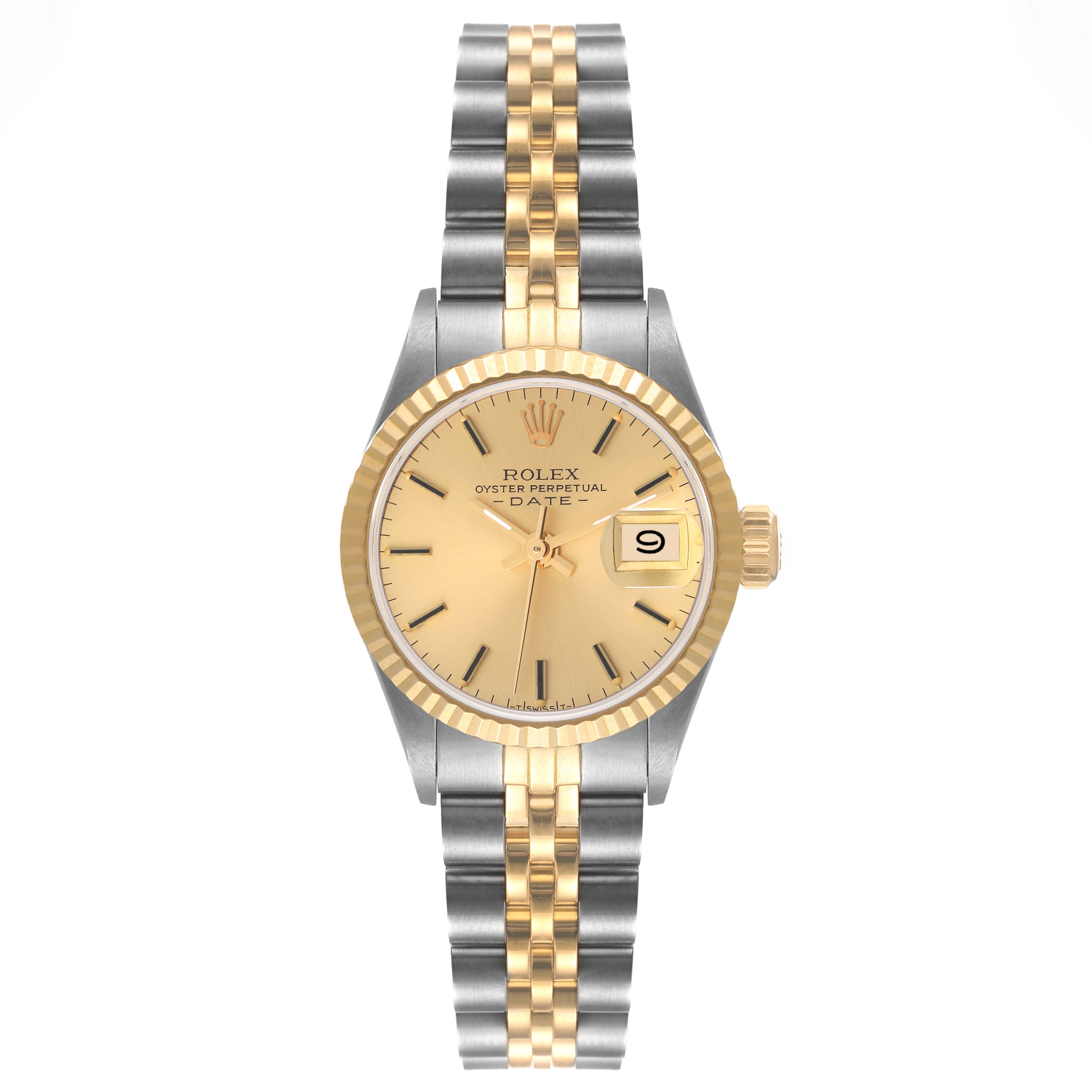 The image shows a front view of the Rolex Datejust 69173 Women's Steel and Gold (two tone) Champagne Dial 69173 Women's Steel and Gold (two tone) Champagne Dial watch displaying its face, gold bezel, and two-tone bracelet.
