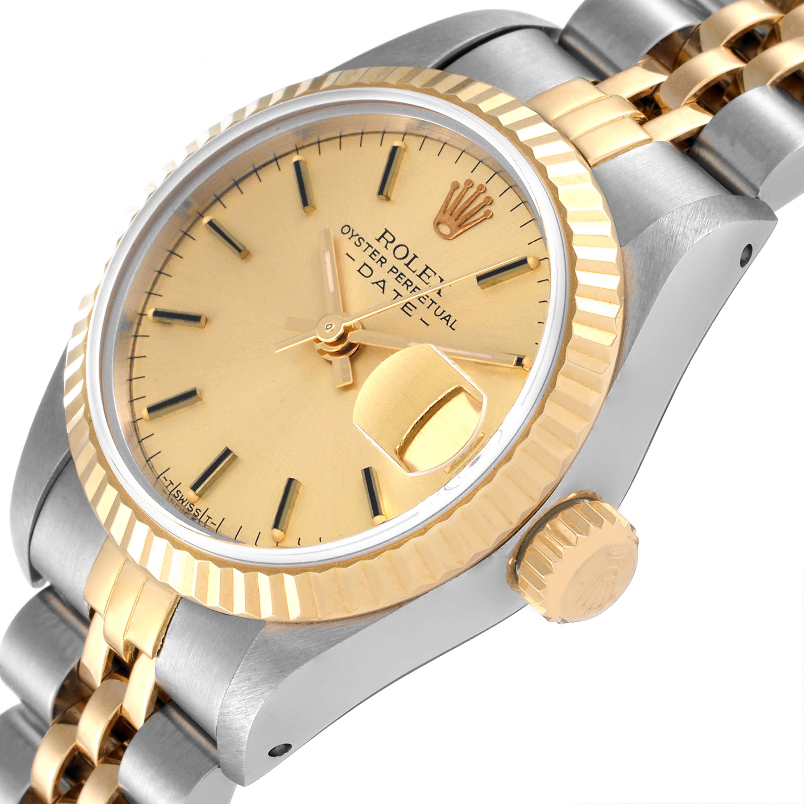 The image shows a close-up angle of a Rolex Datejust 69173 Women's Steel and Gold (two tone) Champagne Dial 69173 Women's Steel and Gold (two tone) Champagne Dial watch, highlighting the crown, dial, and part of the bracelet.