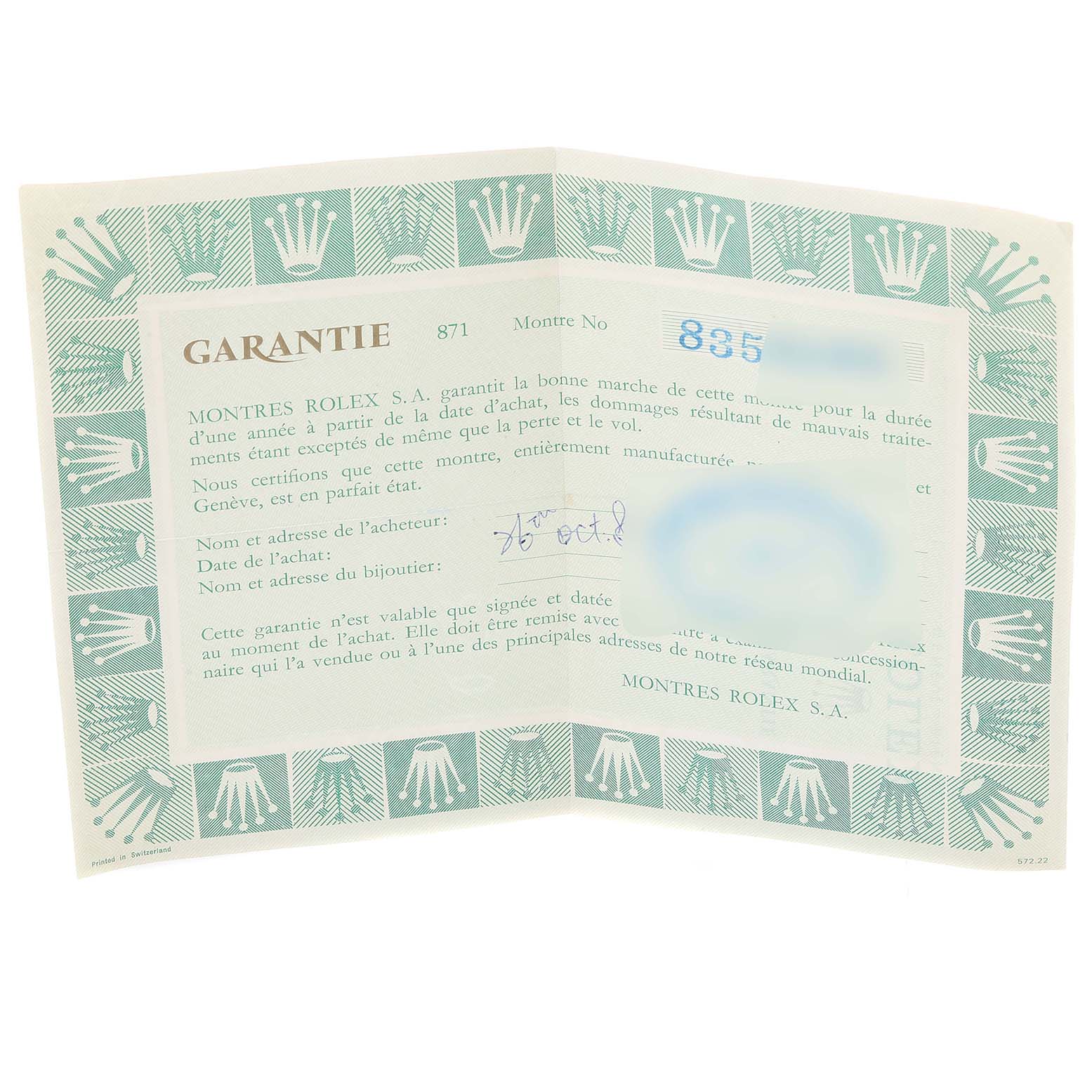 This image shows the warranty card for a Rolex Datejust 69173 Women's Steel and Gold (two tone) Champagne Dial 69173 Women's Steel and Gold (two tone) Champagne Dial watch.