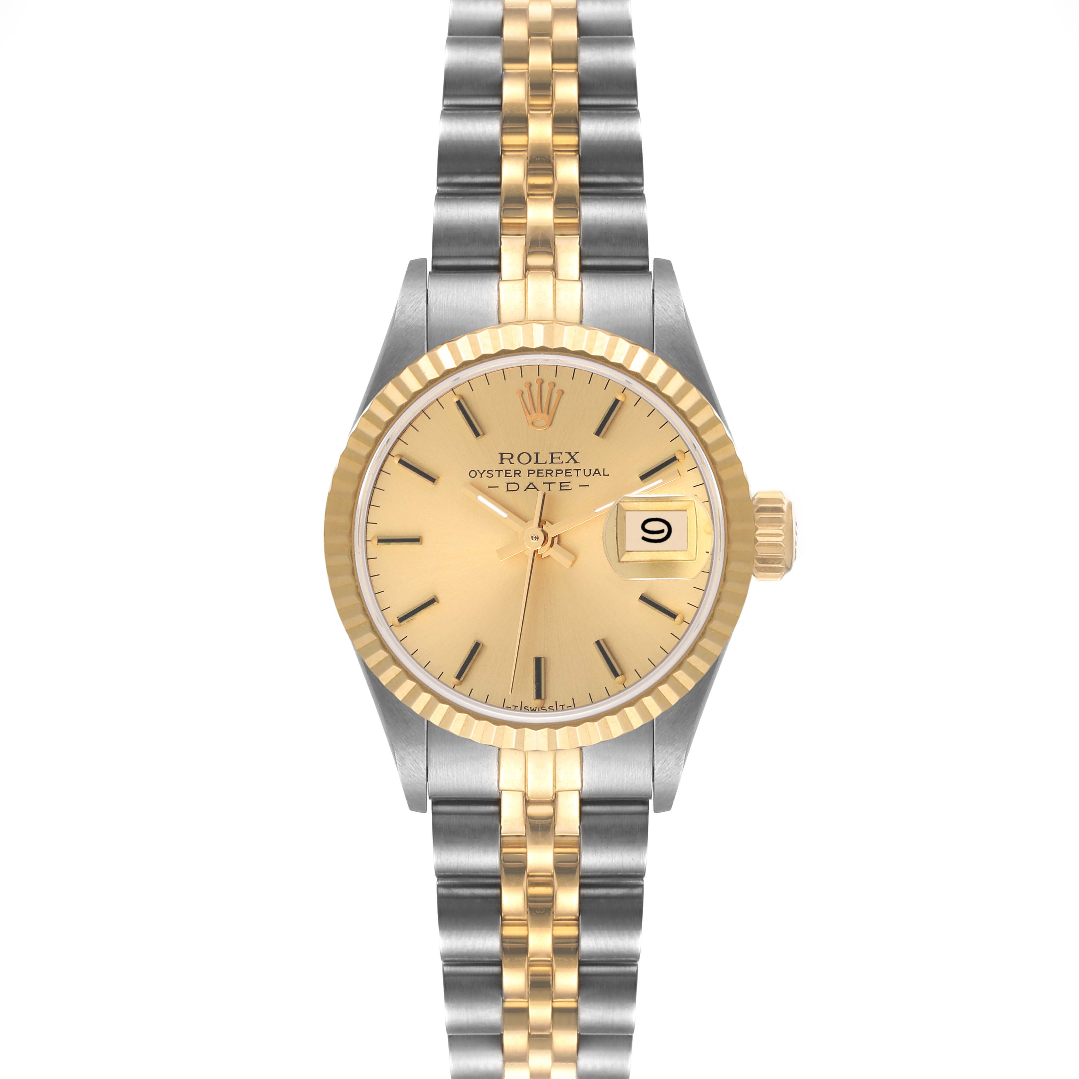 The image shows a front view of the Rolex Datejust 69173 Women's Steel and Gold (two tone) Champagne Dial 69173 Women's Steel and Gold (two tone) Champagne Dial watch, displaying its face, bezel, and Jubilee bracelet.