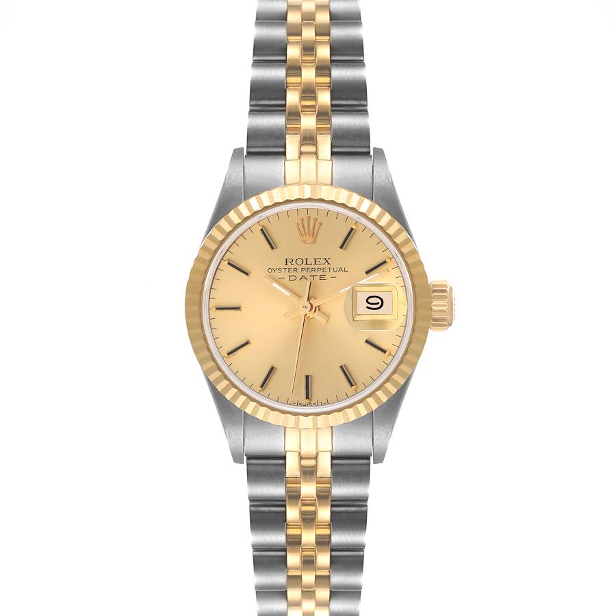 The image shows a front view of the Rolex Datejust watch, displaying its face, bezel, and Jubilee bracelet.