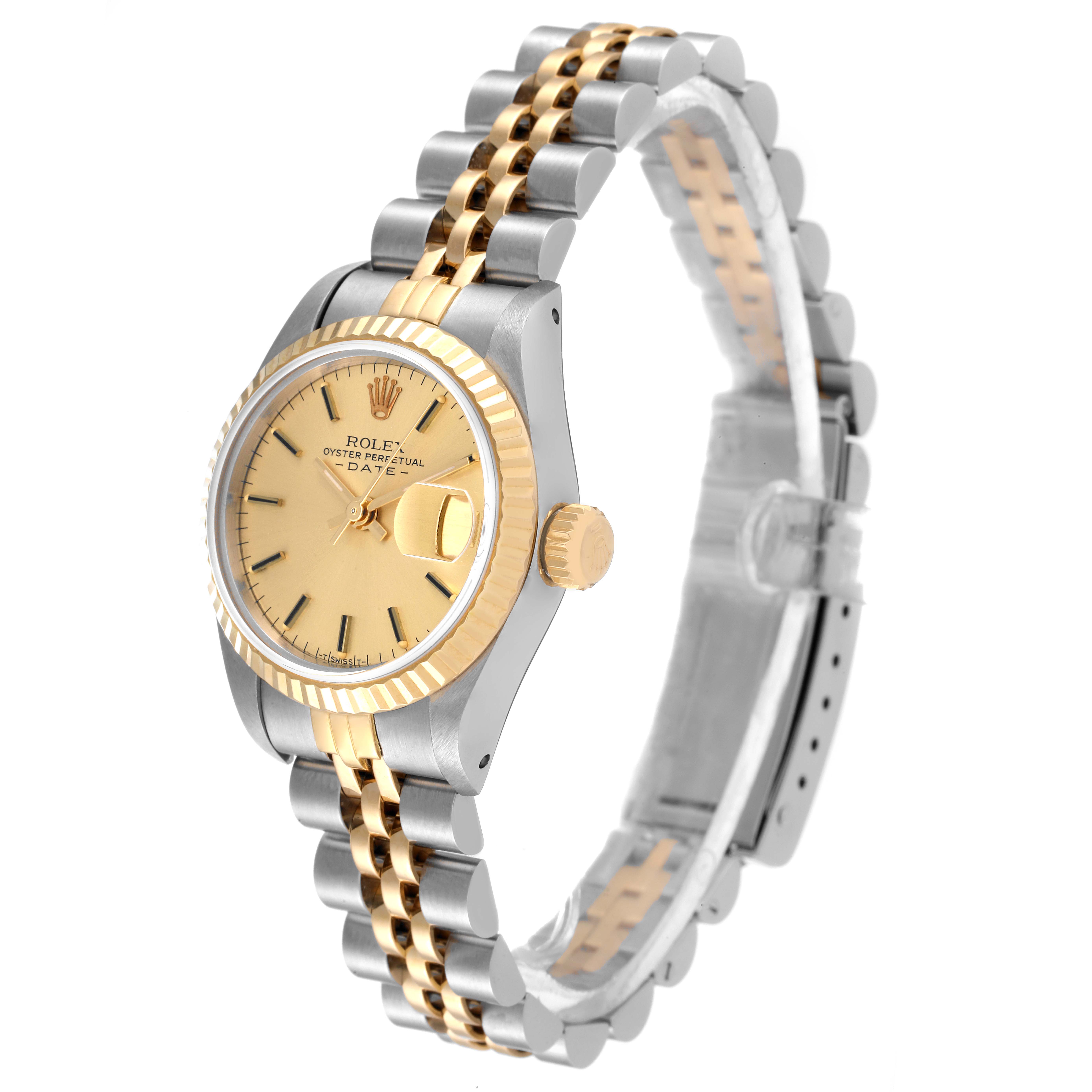 This image shows a Rolex Datejust 69173 Women's Steel and Gold (two tone) Champagne Dial 69173 Women's Steel and Gold (two tone) Champagne Dial watch at a three-quarter angle, highlighting its face, bezel, and two-tone bracelet.