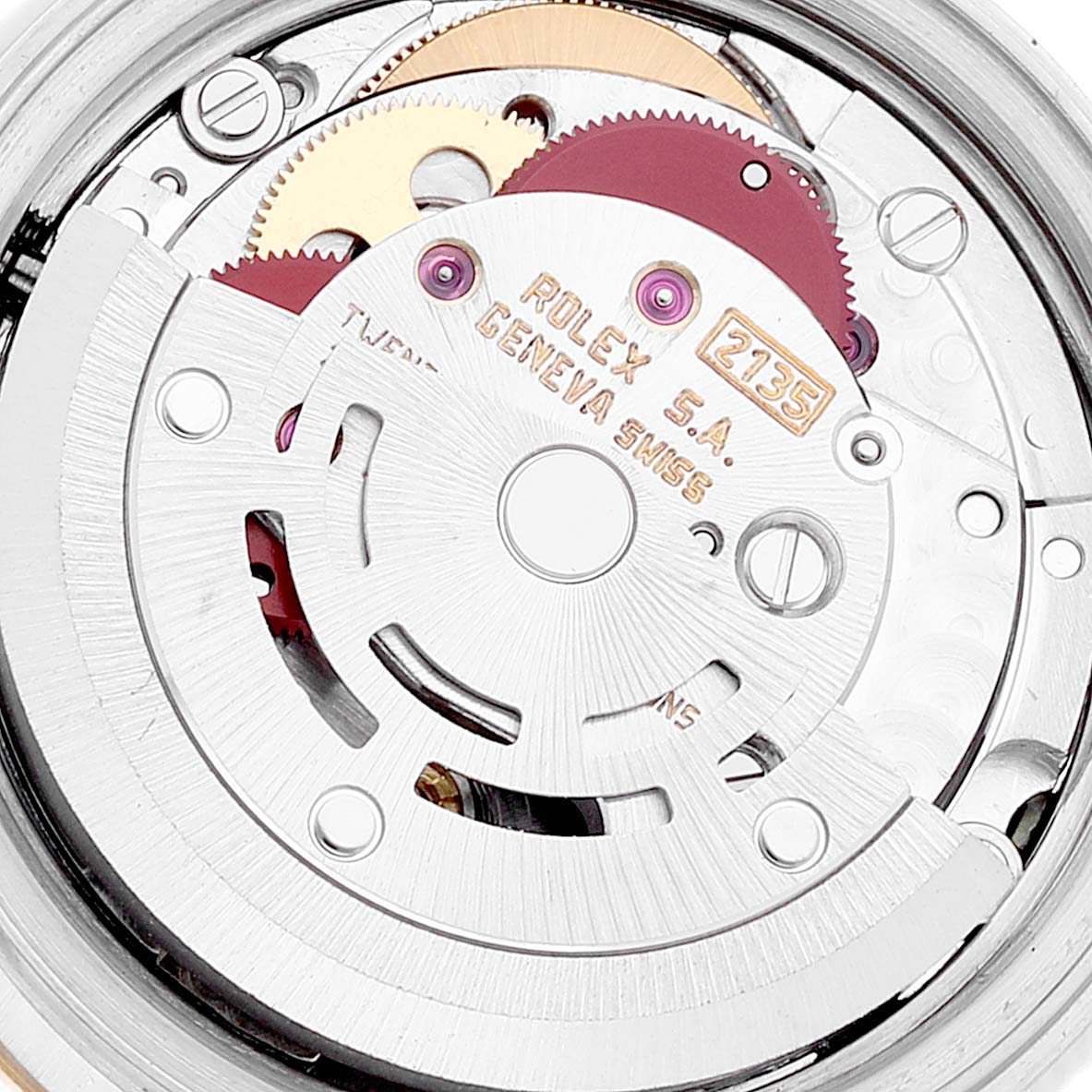 The image shows the movement of a Rolex Datejust 69173 Women's Steel and Gold (two tone) Champagne Dial 69173 Women's Steel and Gold (two tone) Champagne Dial watch, including gears and the rotor, viewed from the back.