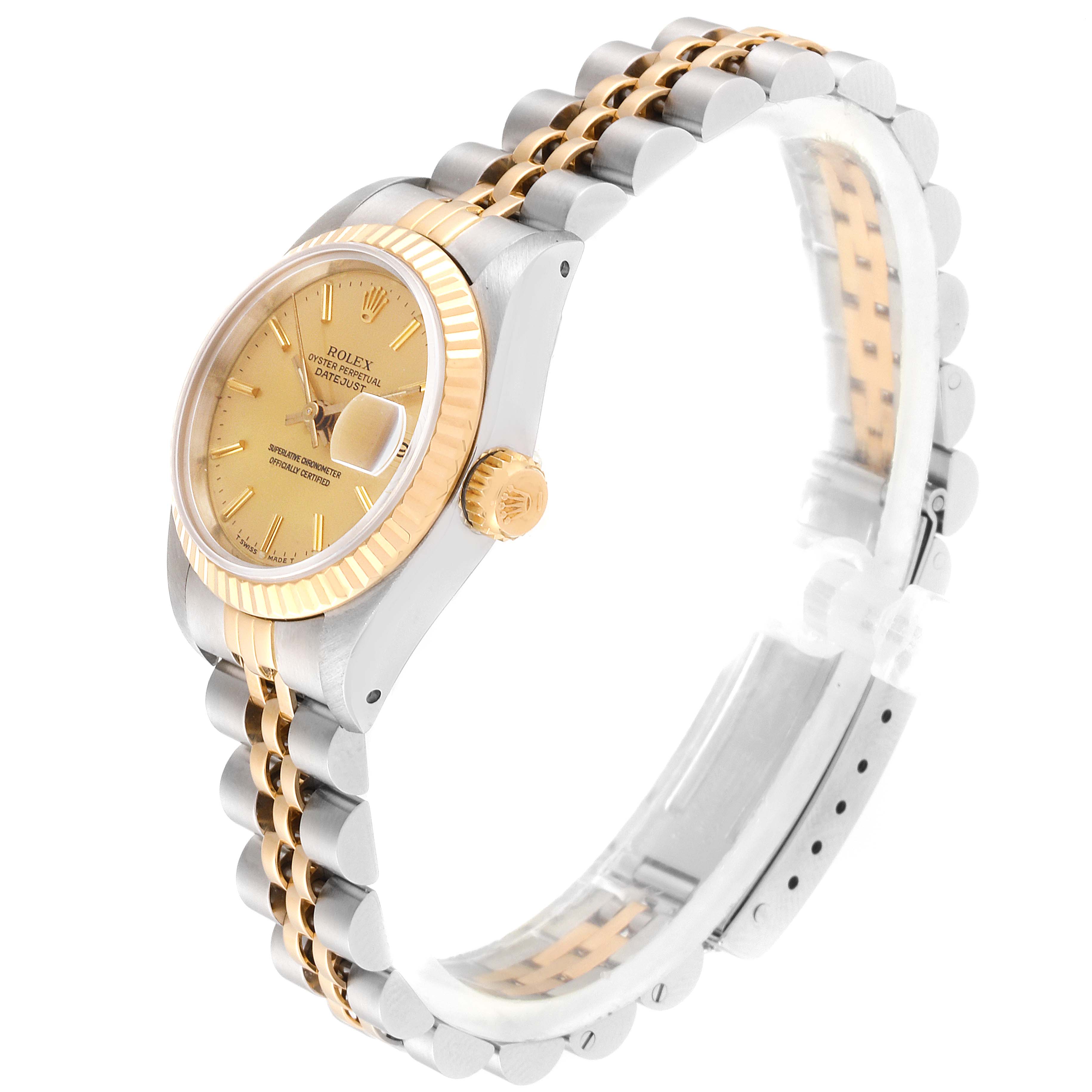 The image displays a Rolex Oyster Perpetual 69173 Women
s Steel and Gold (two tone) Champagne Dial 69173 Women
s Steel and Gold (two tone) Champagne Dial watch angled from the side, highlighting its gold and silver band and dial.