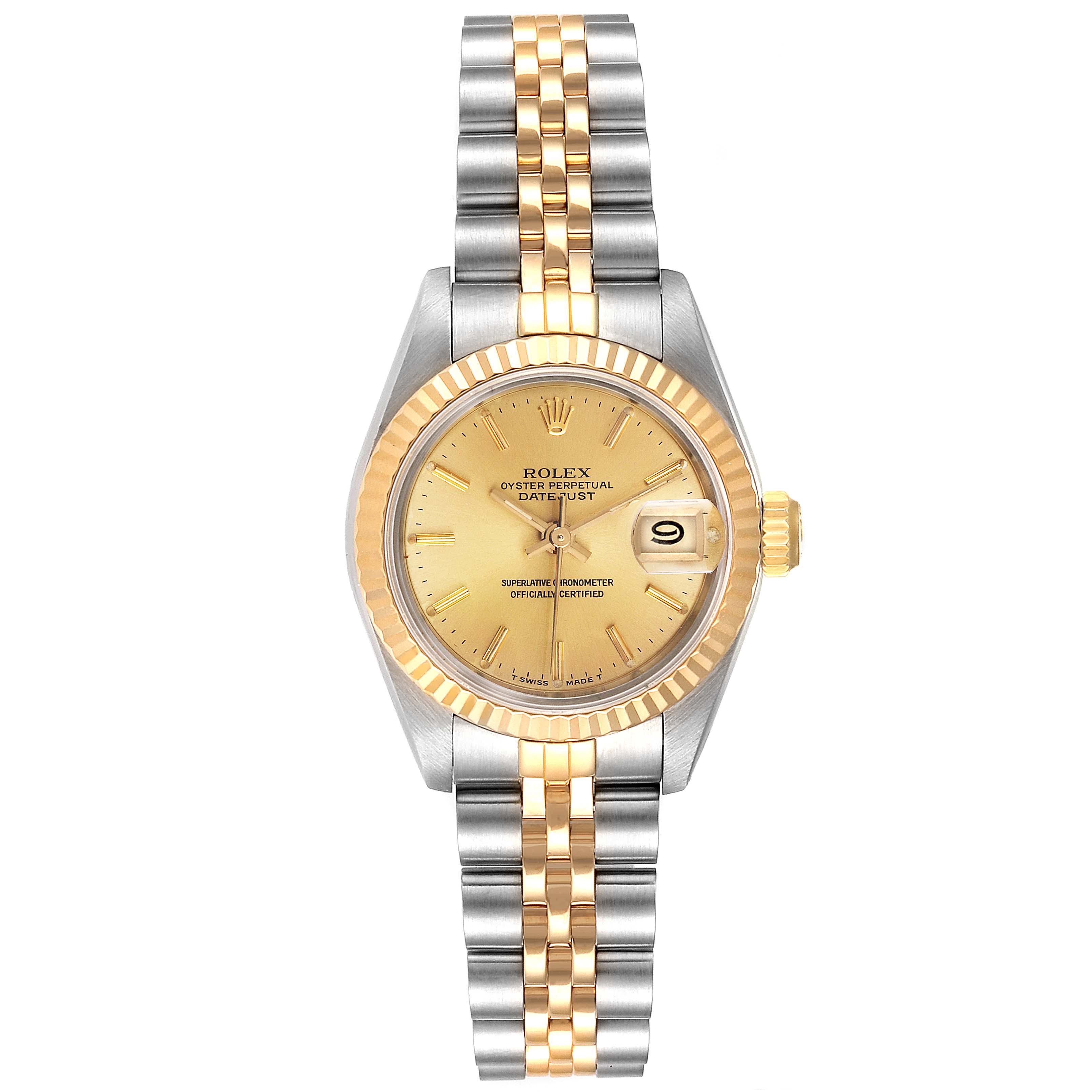 The image shows a front view of the Rolex Oyster Perpetual 69173 Women
s Steel and Gold (two tone) Champagne Dial 69173 Women
s Steel and Gold (two tone) Champagne Dial watch, focusing on the dial, bezel, and two-tone bracelet.