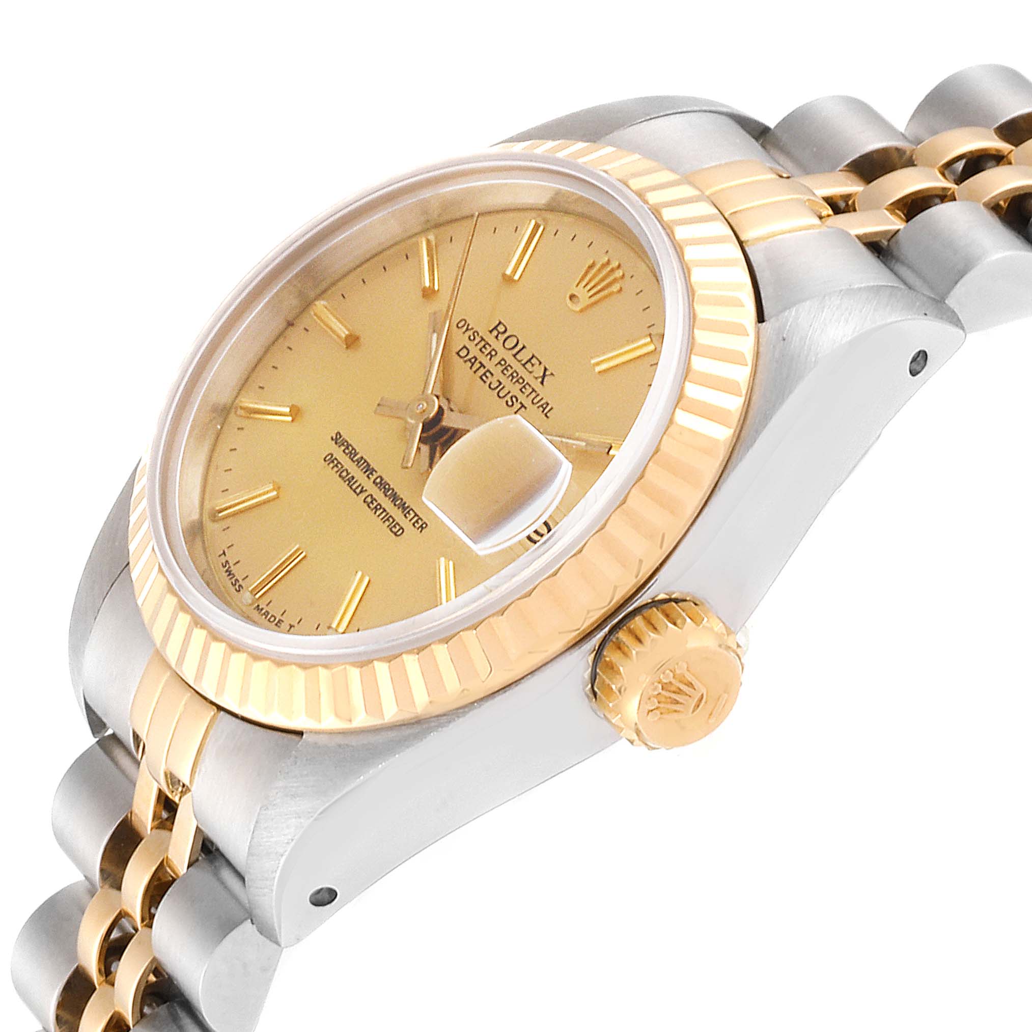 The Rolex Oyster Perpetual 69173 Women
s Steel and Gold (two tone) Champagne Dial 69173 Women
s Steel and Gold (two tone) Champagne Dial watch is shown from an angled side view, highlighting the case, crown, and part of the strap.