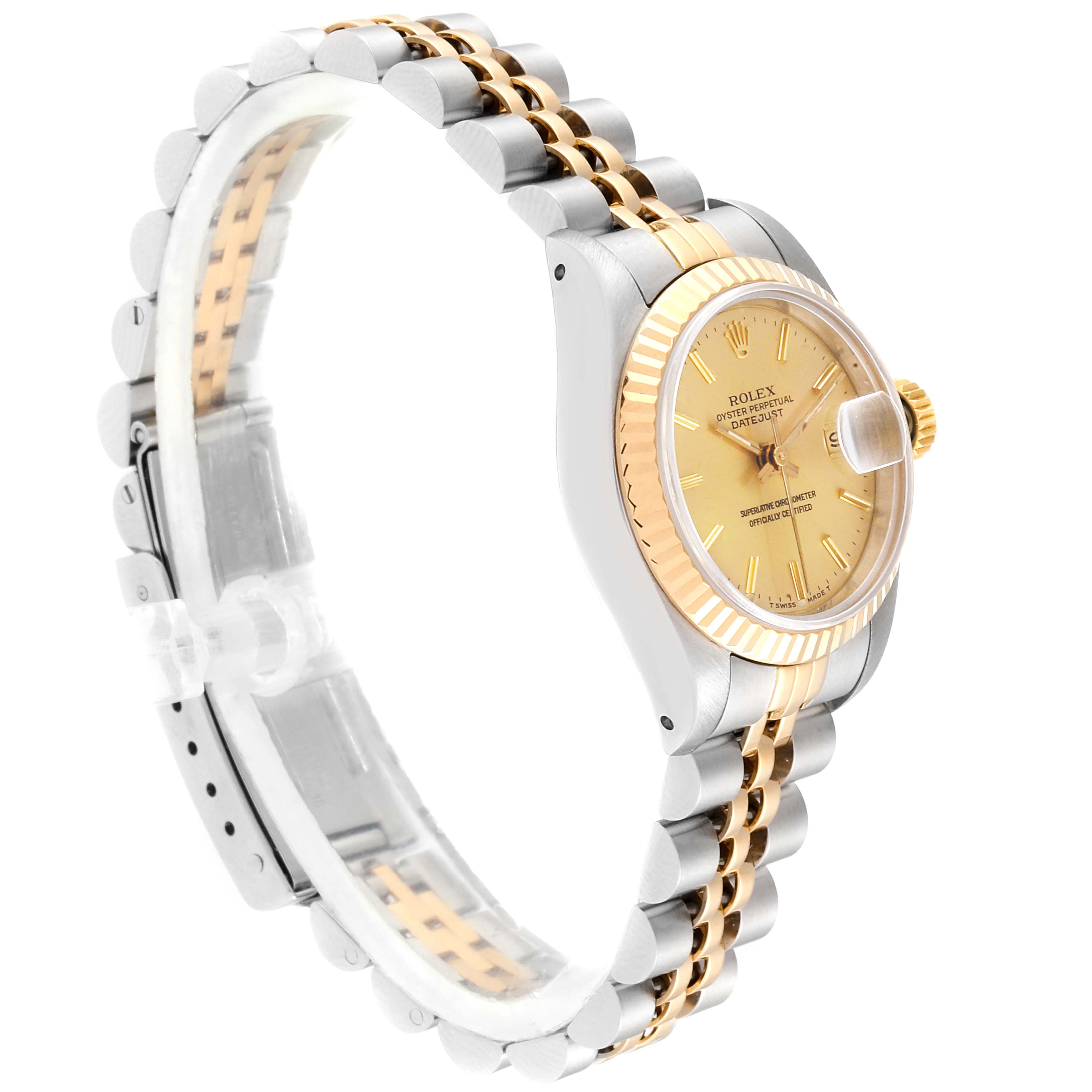 This image shows a side angle of the Rolex Oyster Perpetual 69173 Women
s Steel and Gold (two tone) Champagne Dial 69173 Women
s Steel and Gold (two tone) Champagne Dial watch, highlighting its bezel, dial, and jubilee bracelet.