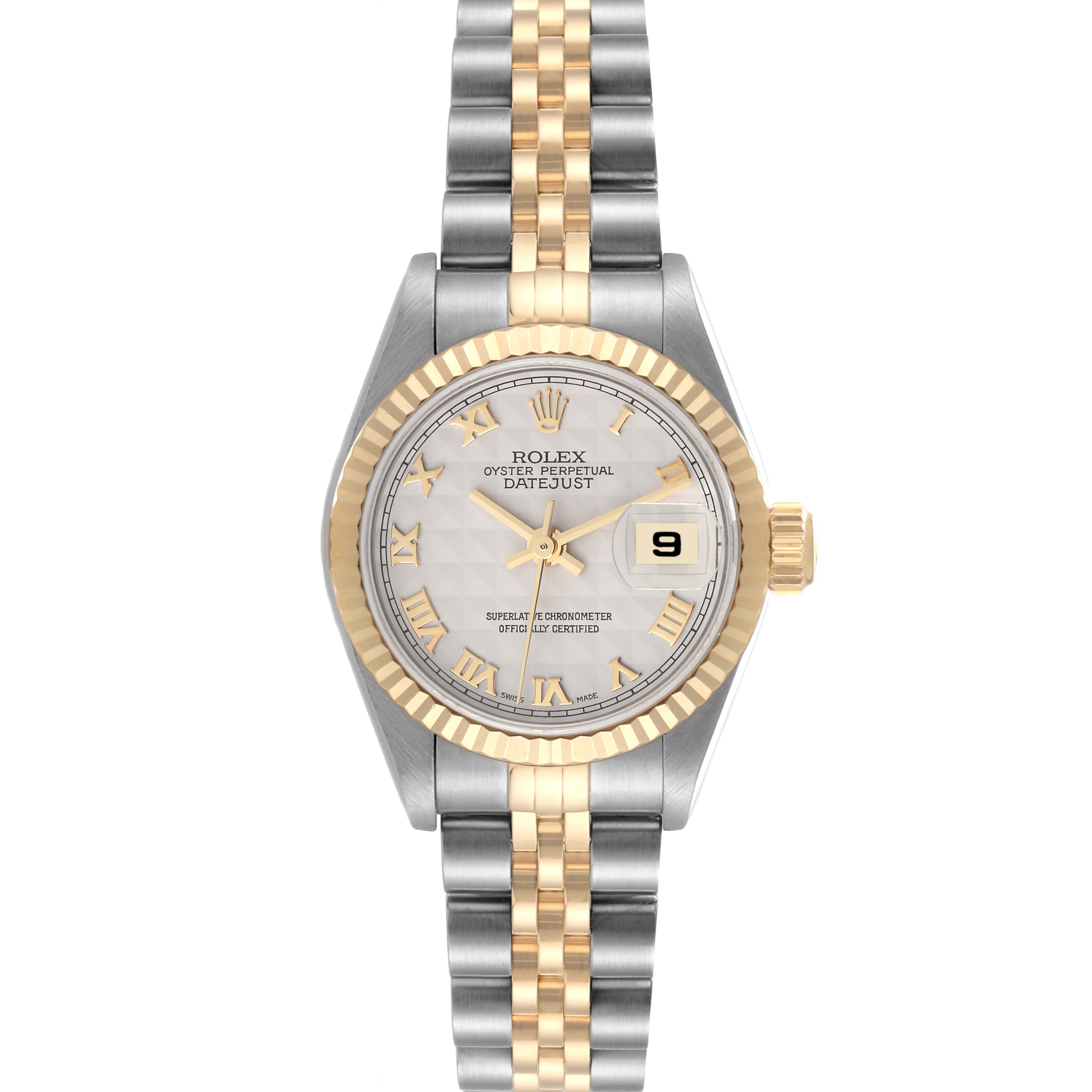 This is a front view of the Rolex Datejust 79173 Women's Steel and Gold (two tone) White Dial 79173 Women's Steel and Gold (two tone) White Dial watch, showcasing its dial, bezel, bracelet, and date display.
