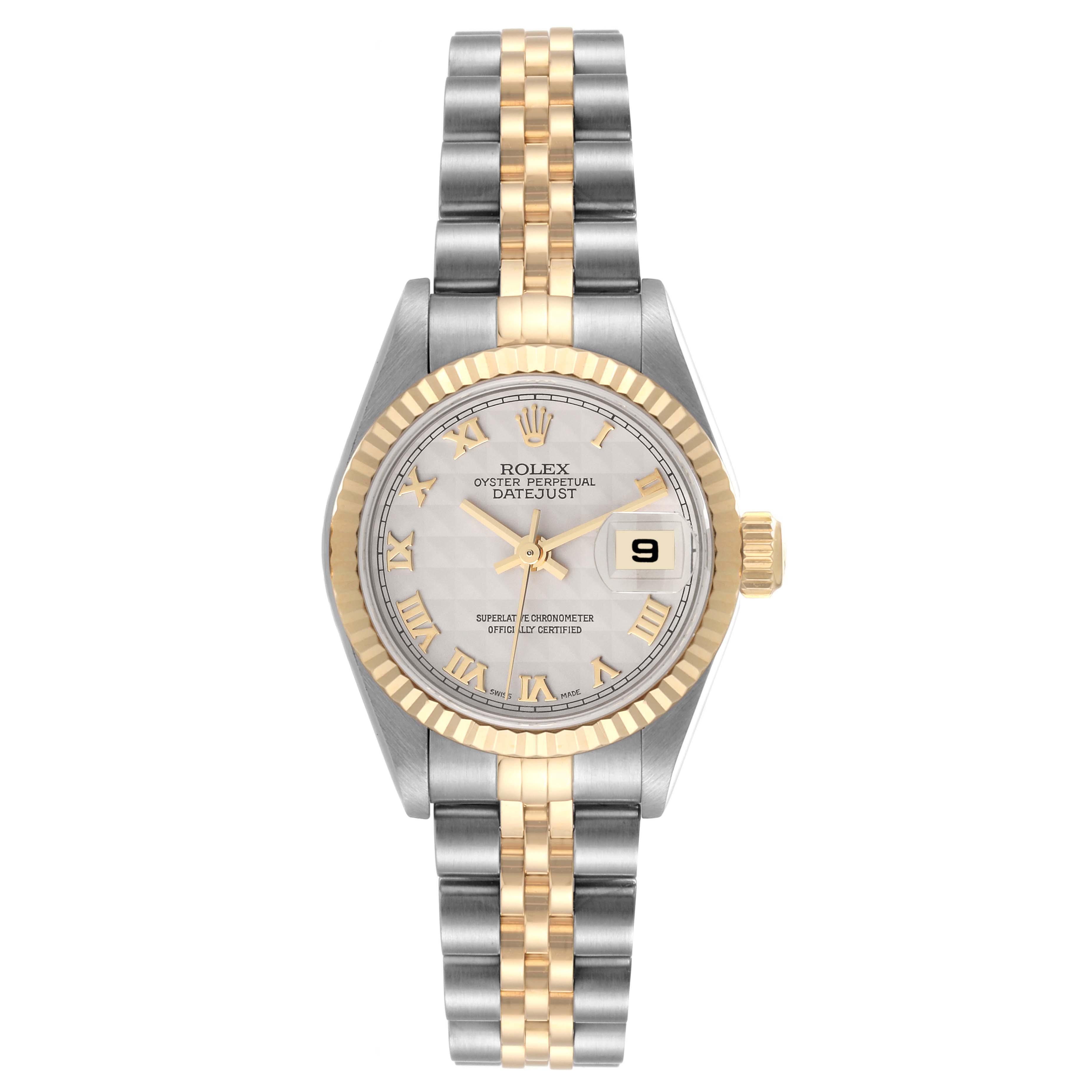 The Rolex Datejust 79173 Women's Steel and Gold (two tone) White Dial 79173 Women's Steel and Gold (two tone) White Dial watch is shown from the front, highlighting its face, bezel, and two-tone bracelet.