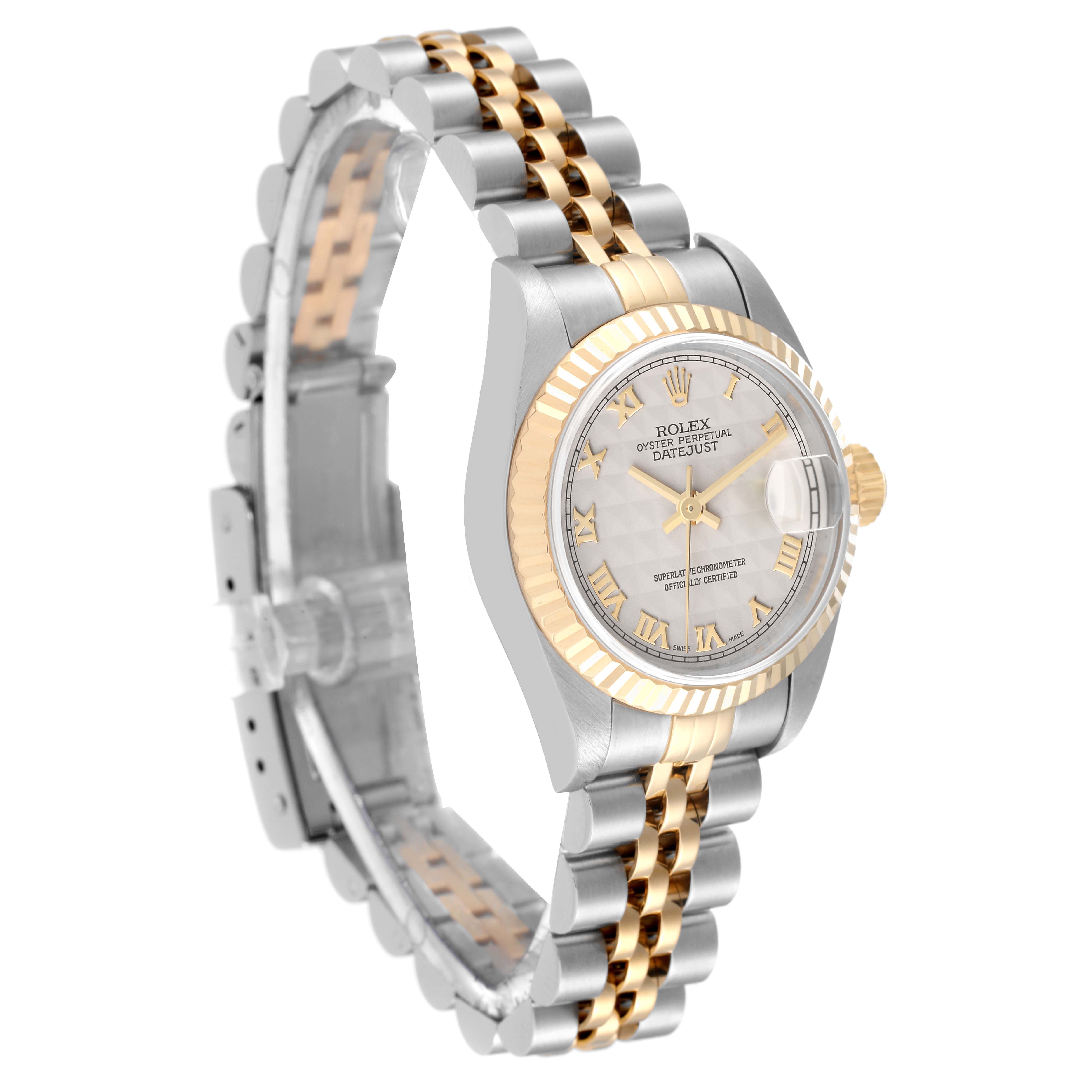 The Rolex Datejust 79173 Women's Steel and Gold (two tone) White Dial 79173 Women's Steel and Gold (two tone) White Dial watch is shown from an angled side view, highlighting the dial, bezel, and two-tone bracelet.