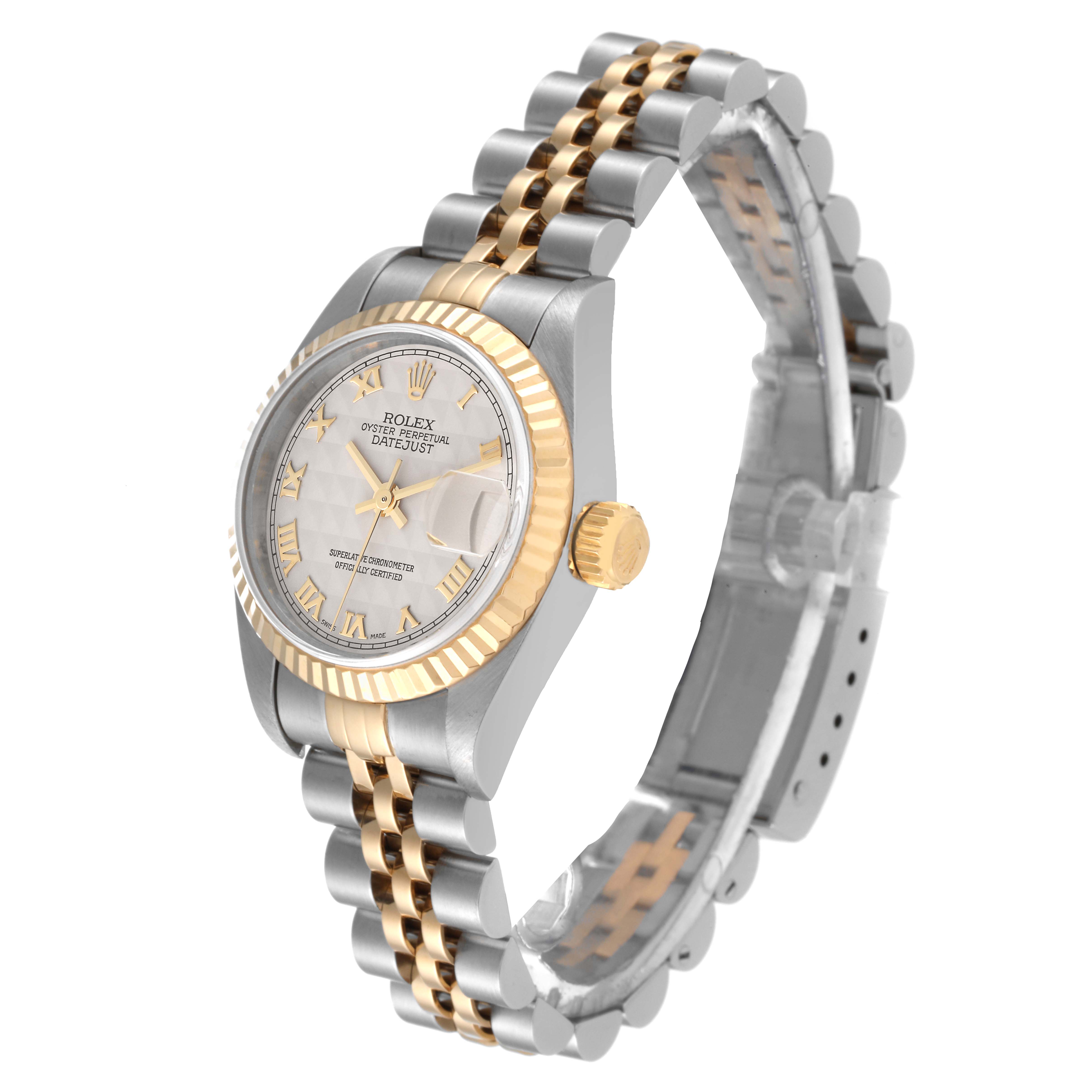 The image shows a Rolex Datejust 79173 Women's Steel and Gold (two tone) White Dial 79173 Women's Steel and Gold (two tone) White Dial watch angled from the front left, highlighting its face, crown, and bracelet.