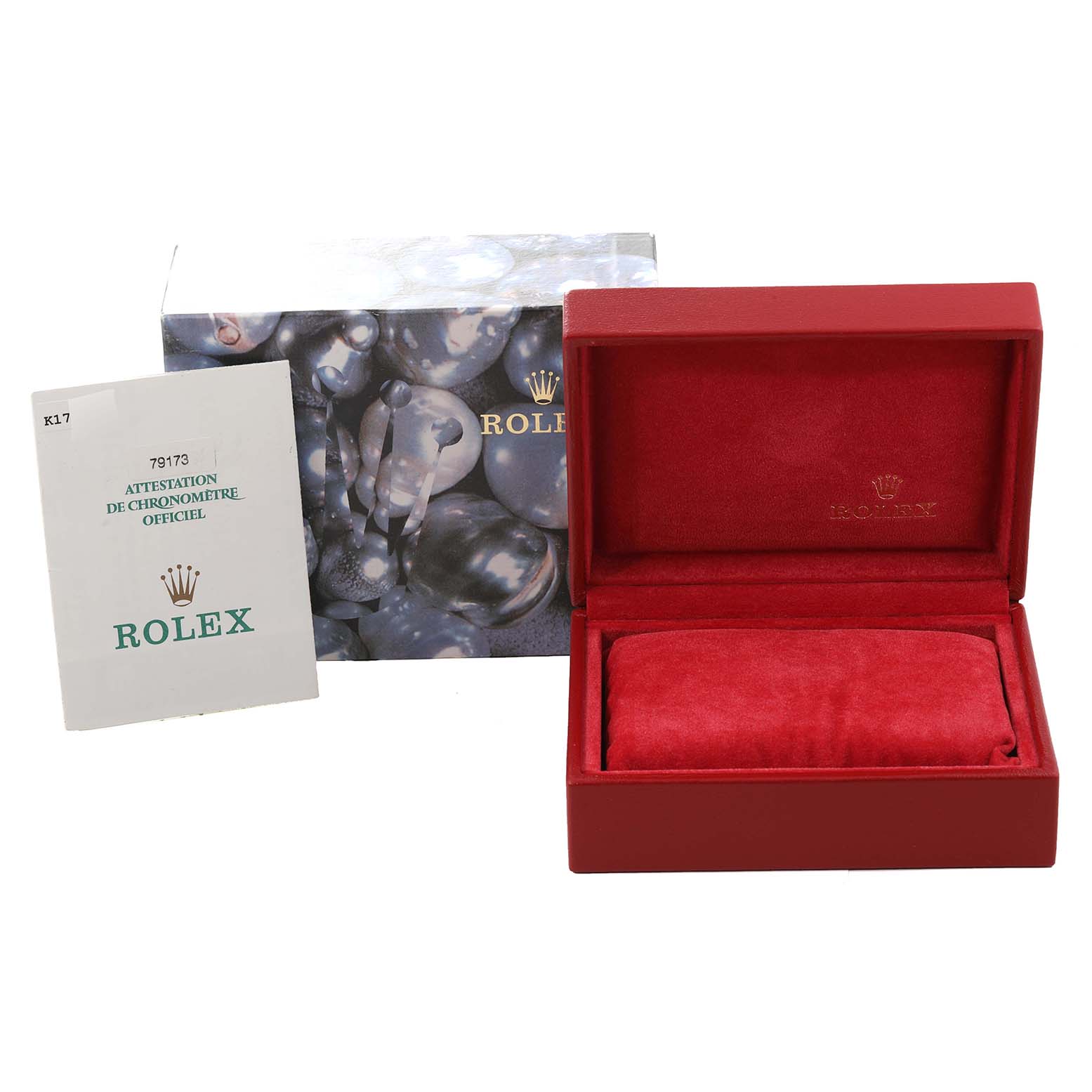 This image shows the open box and papers of a Rolex Datejust 79173 Women's Steel and Gold (two tone) White Dial 79173 Women's Steel and Gold (two tone) White Dial watch, with both box and booklet visible from the front angle.