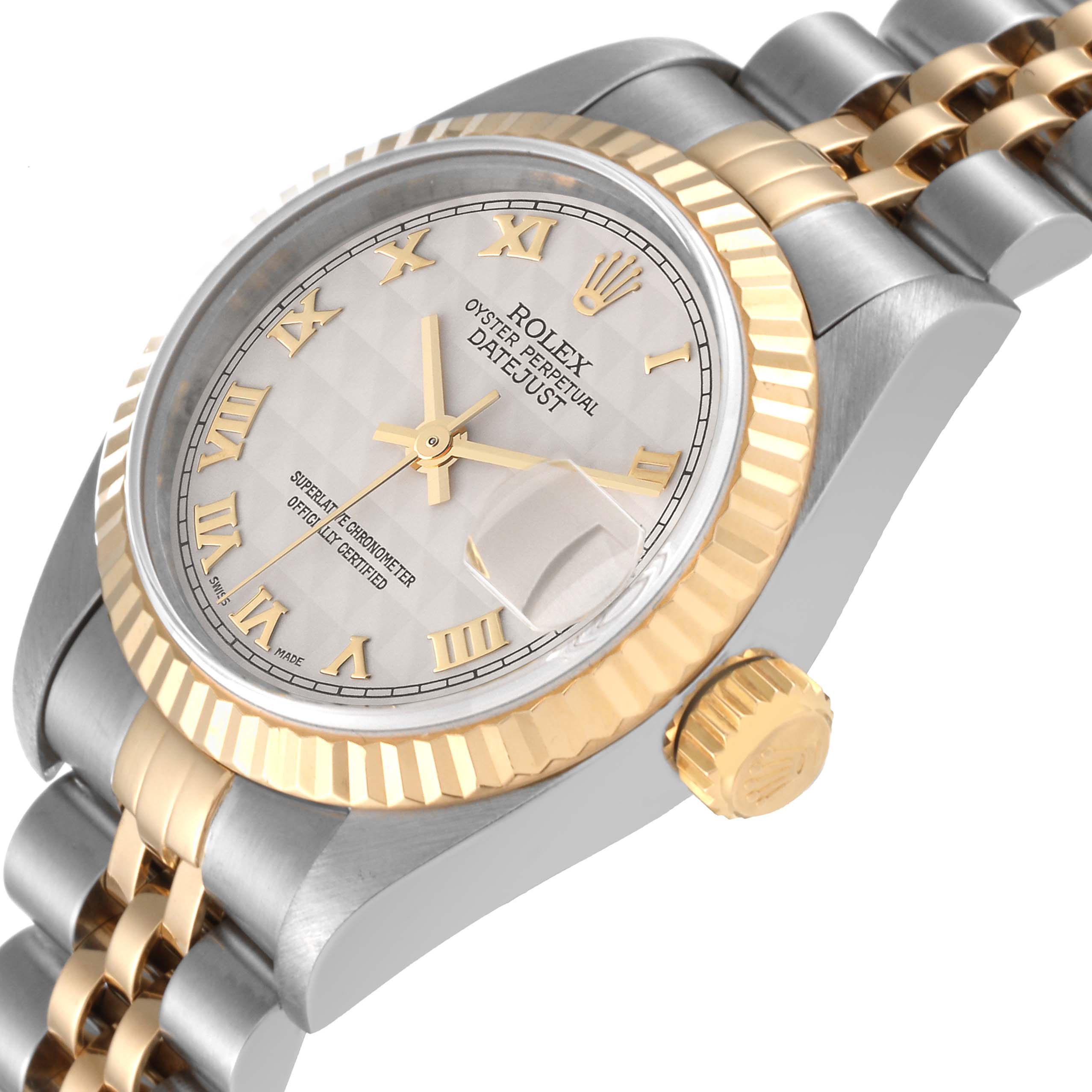 The image shows a close-up angled view of a Rolex Datejust 79173 Women's Steel and Gold (two tone) White Dial 79173 Women's Steel and Gold (two tone) White Dial watch focusing on the dial, bezel, and crown.