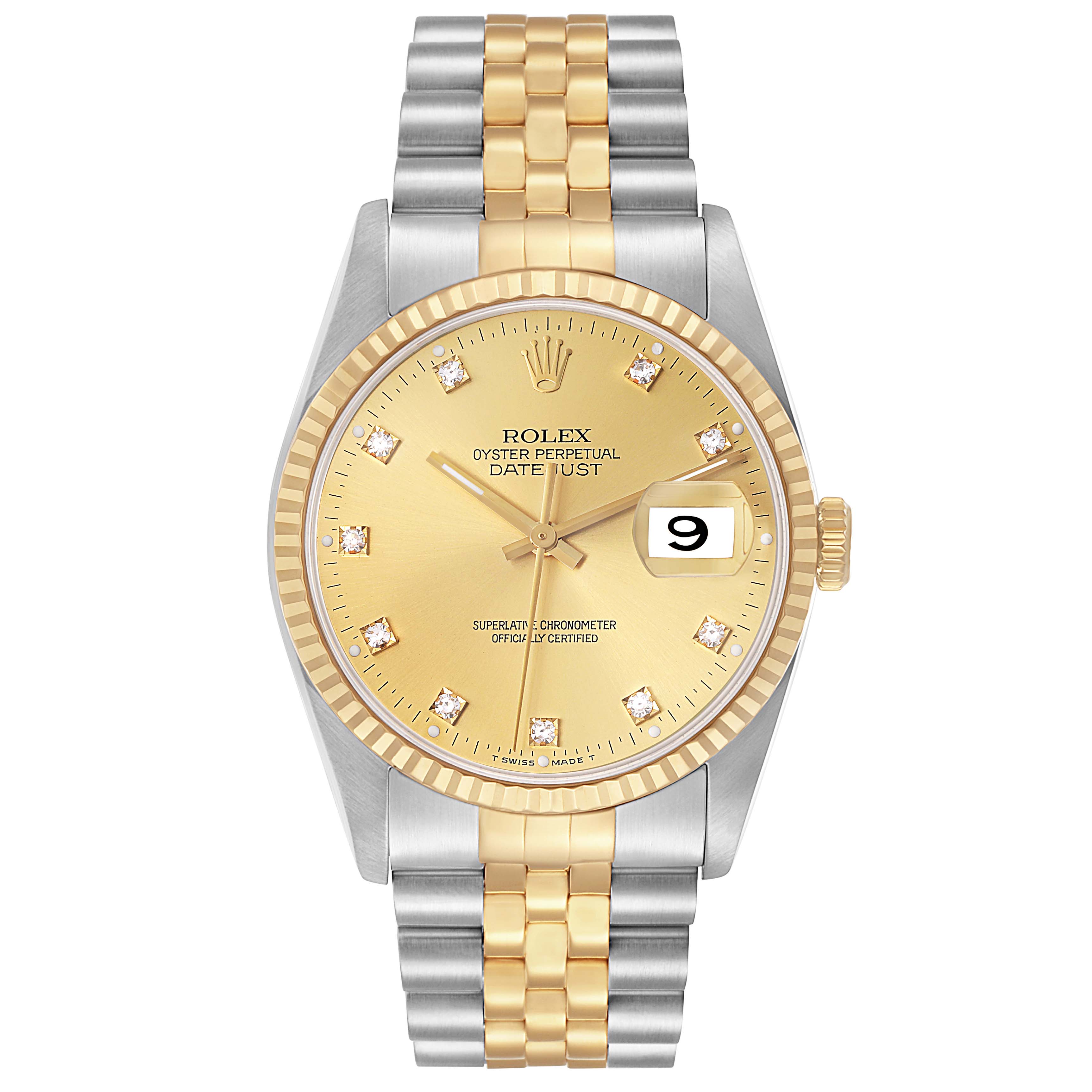The Rolex Datejust 16233 Men
s Steel and Gold (two tone) Champagne Dial watch is shown from the front, highlighting the gold dial, diamond markers, fluted bezel, and two-tone bracelet.