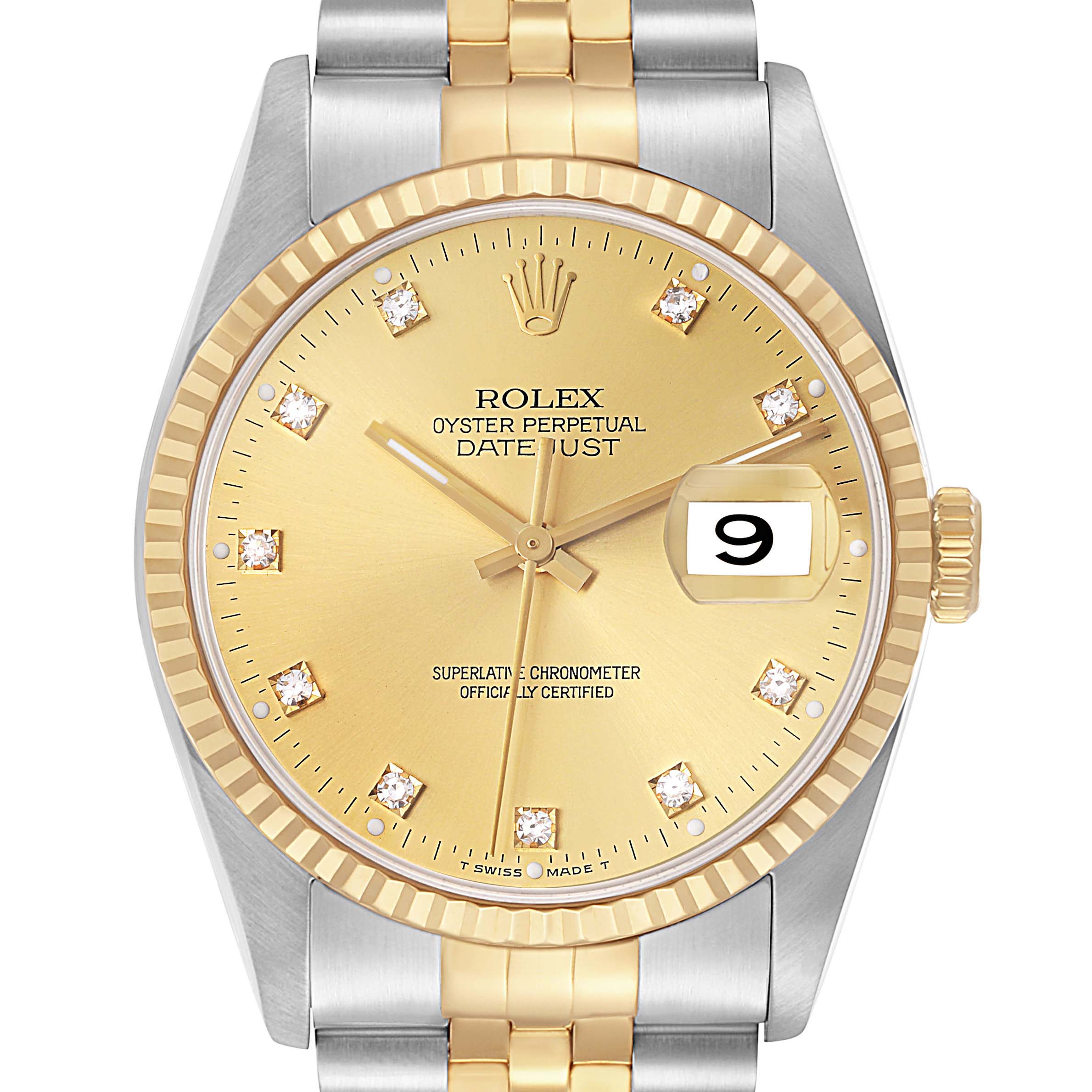 This Rolex Datejust 16233 Men
s Steel and Gold (two tone) Champagne Dial watch is shown from the front, highlighting the gold dial, diamond hour markers, and jubilee bracelet.