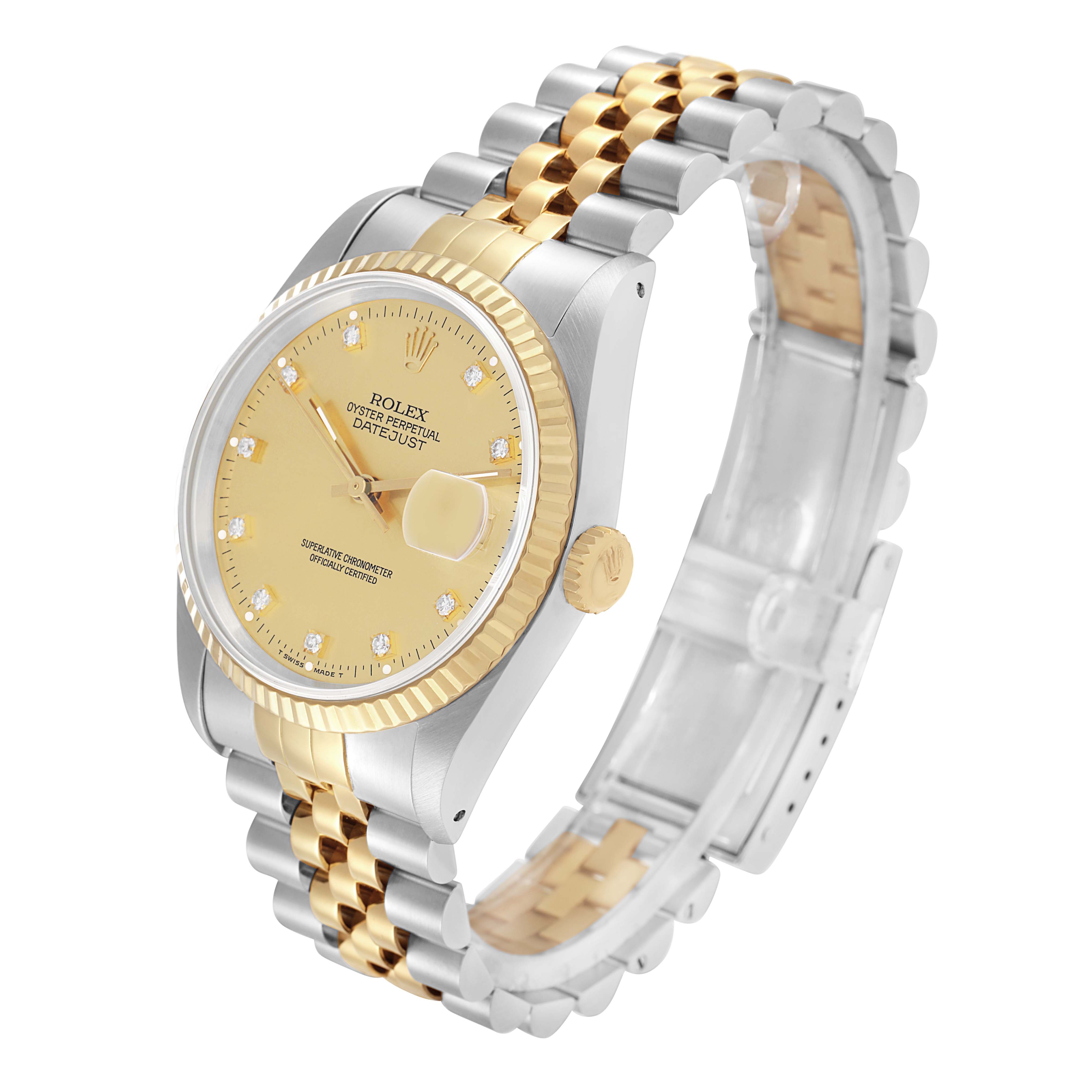 The Rolex Datejust 16233 Men
s Steel and Gold (two tone) Champagne Dial watch is shown at a three-quarter angle displaying the face, bezel, crown, and two-tone bracelet.