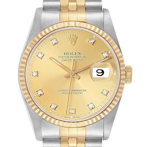 The Rolex Datejust 16233 Men's Steel and Gold (two tone) Champagne Dial watch is shown from a straight-on angle, highlighting its dial, indices, and two-tone bracelet.