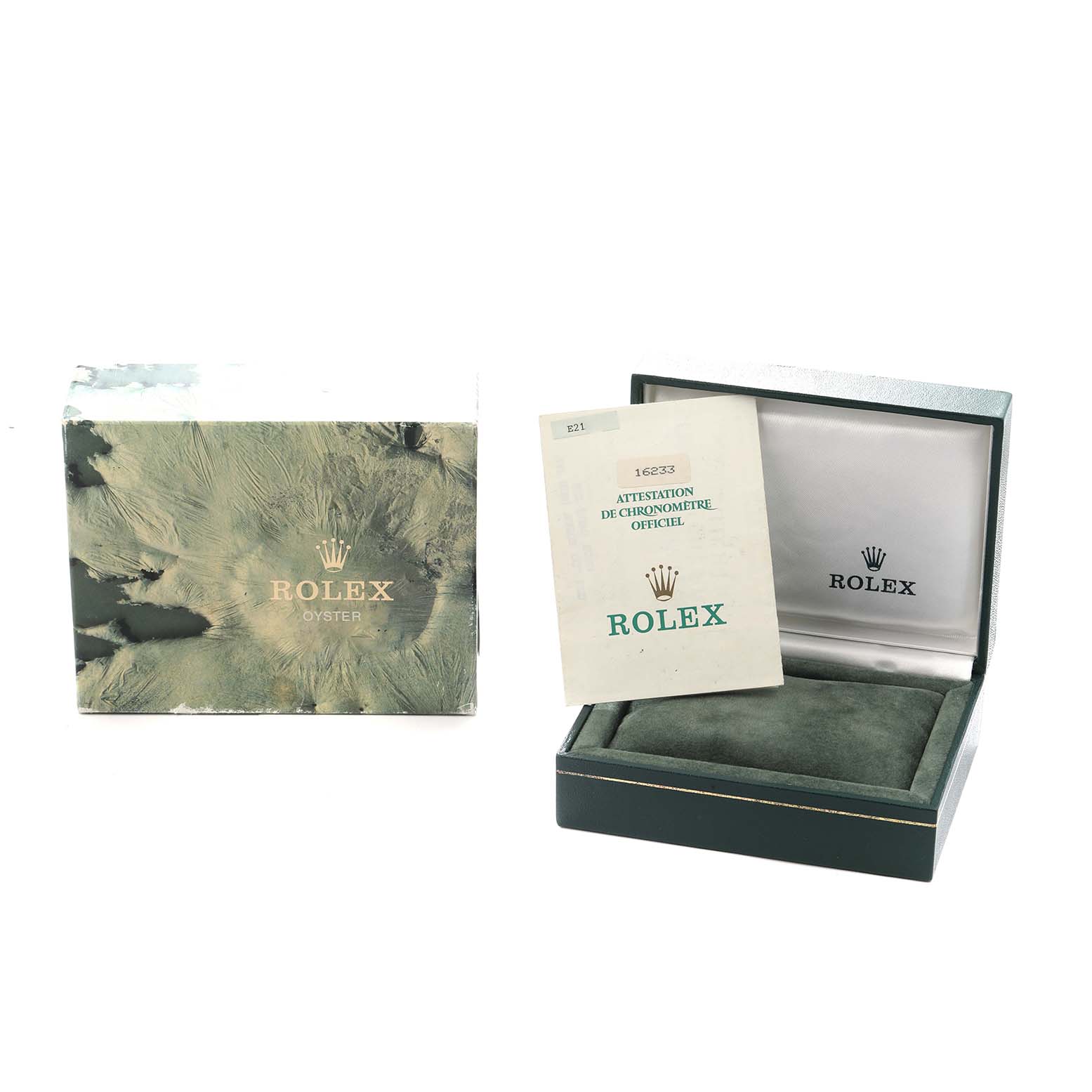 The image shows a Rolex Datejust 16233 Men
s Steel and Gold (two tone) Champagne Dial box and papers, including the outer packaging and certification, from a front angle.