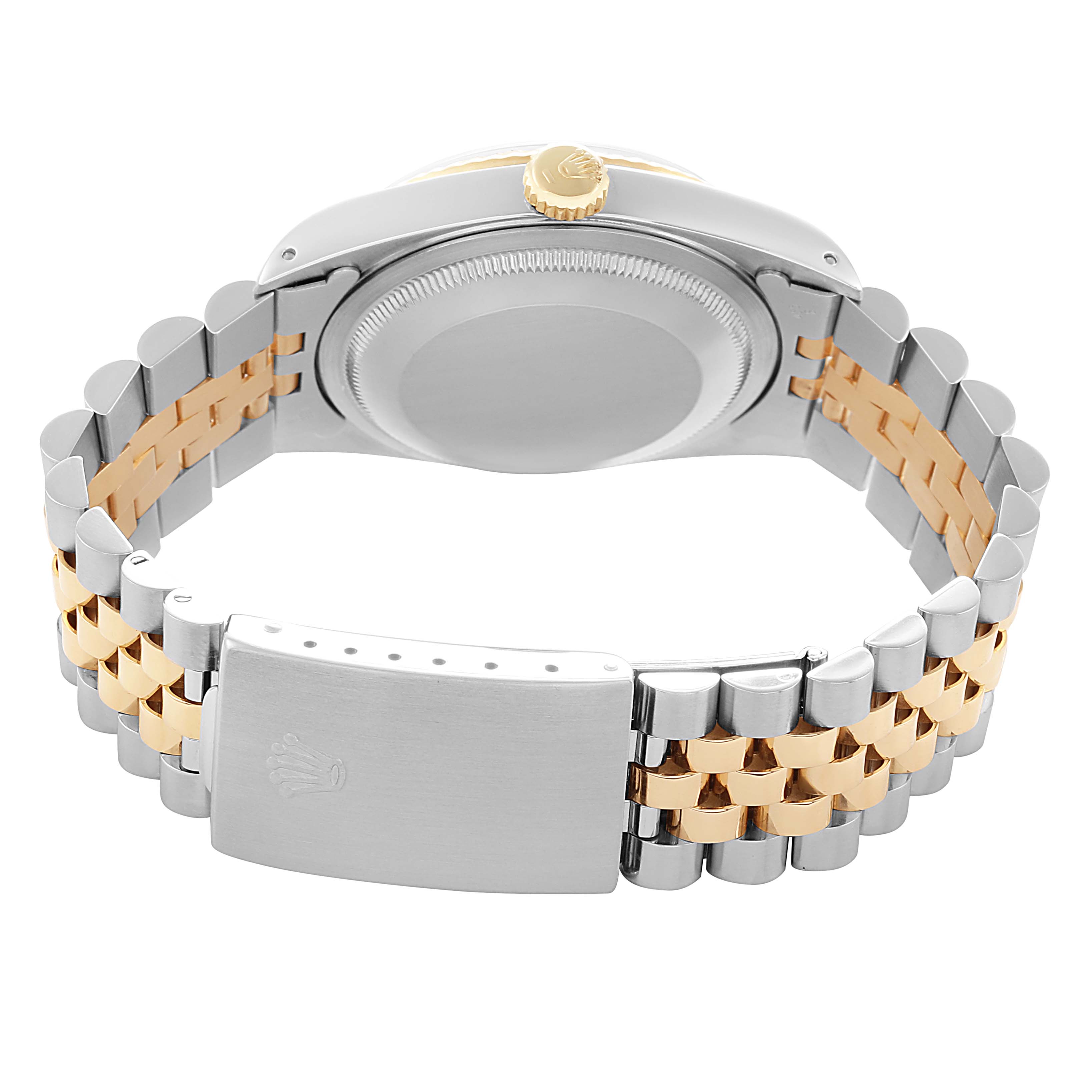 The image shows the back view of a Rolex Datejust 16233 Men
s Steel and Gold (two tone) Champagne Dial, highlighting the stainless steel and gold bracelet and closed clasp.