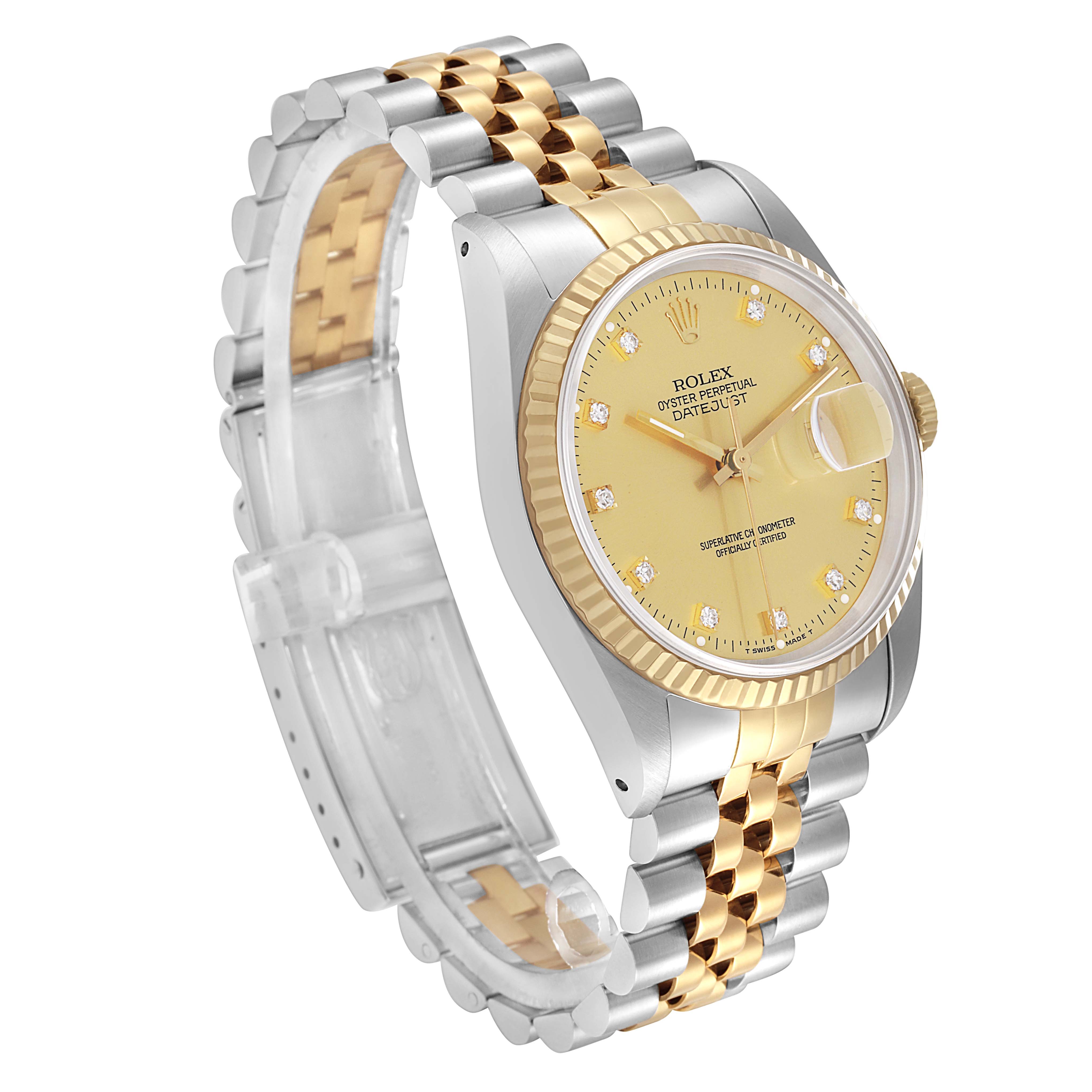 The Rolex Datejust 16233 Men
s Steel and Gold (two tone) Champagne Dial watch is shown at an angled side view, highlighting the face, bezel, and two-tone bracelet.