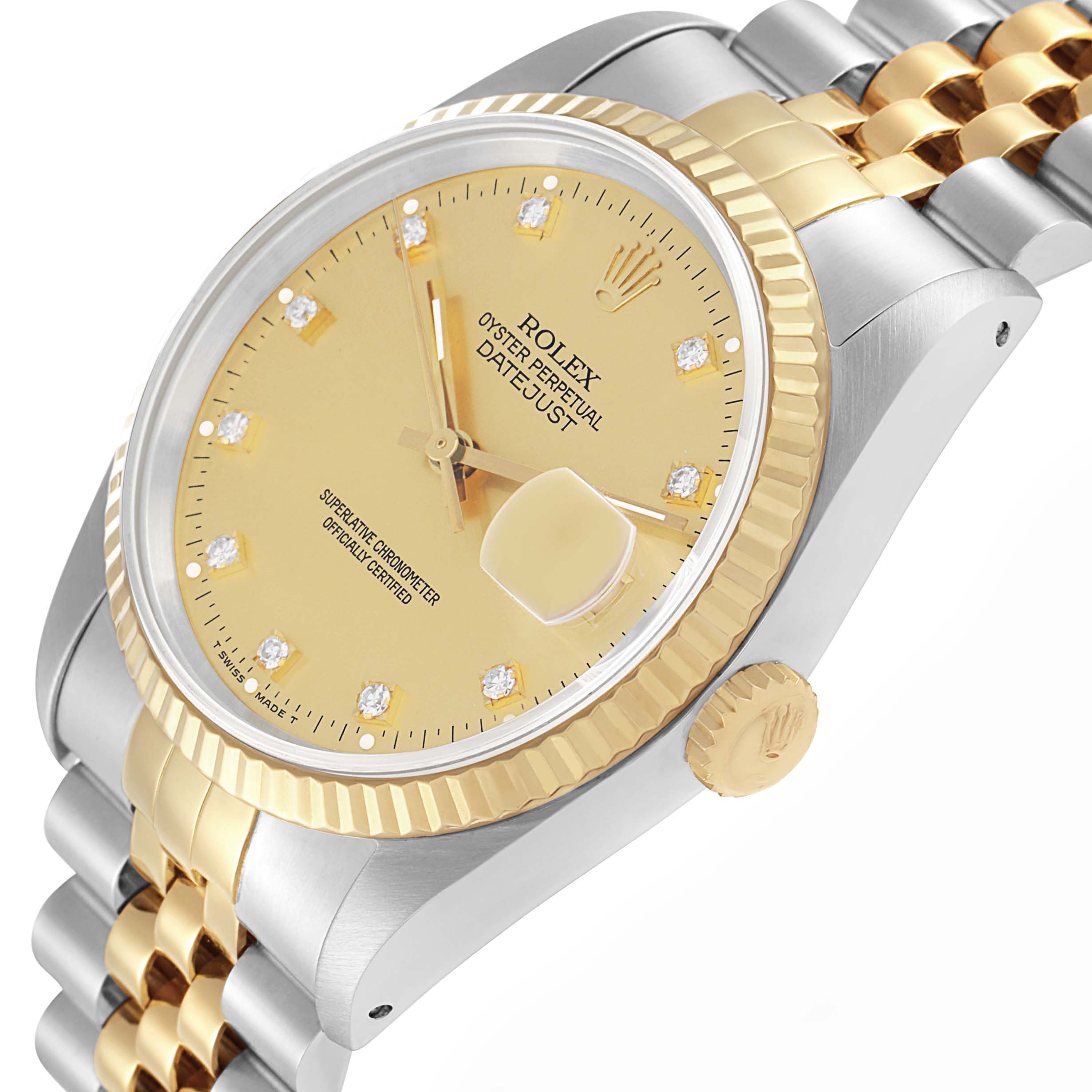 The Rolex Datejust 16233 Men
s Steel and Gold (two tone) Champagne Dial watch is shown from a side angle, highlighting its gold dial, fluted bezel, and Jubilee bracelet.
